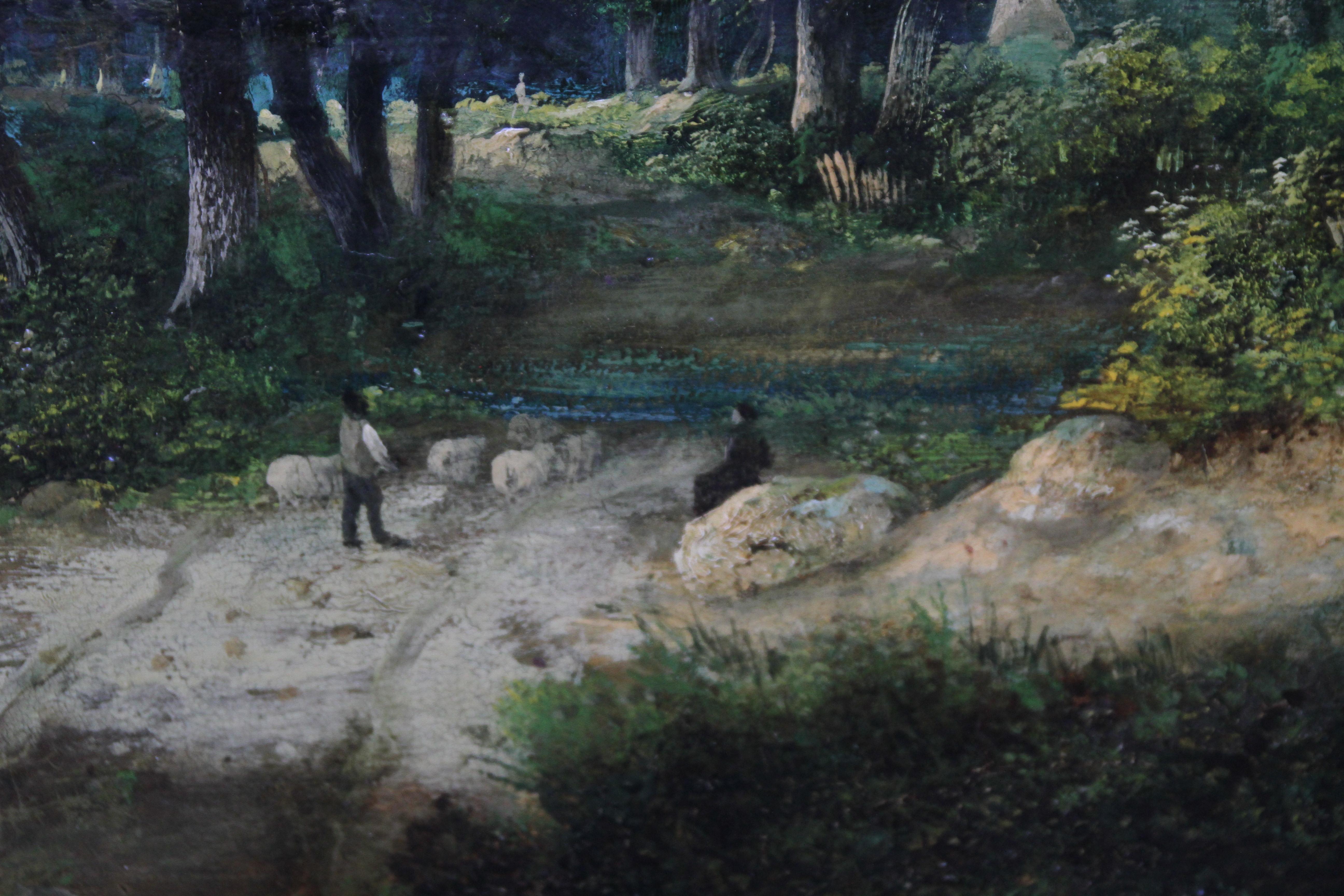 Landscape with Cottages and Sheep - British Victorian 1850's art oil painting For Sale 1