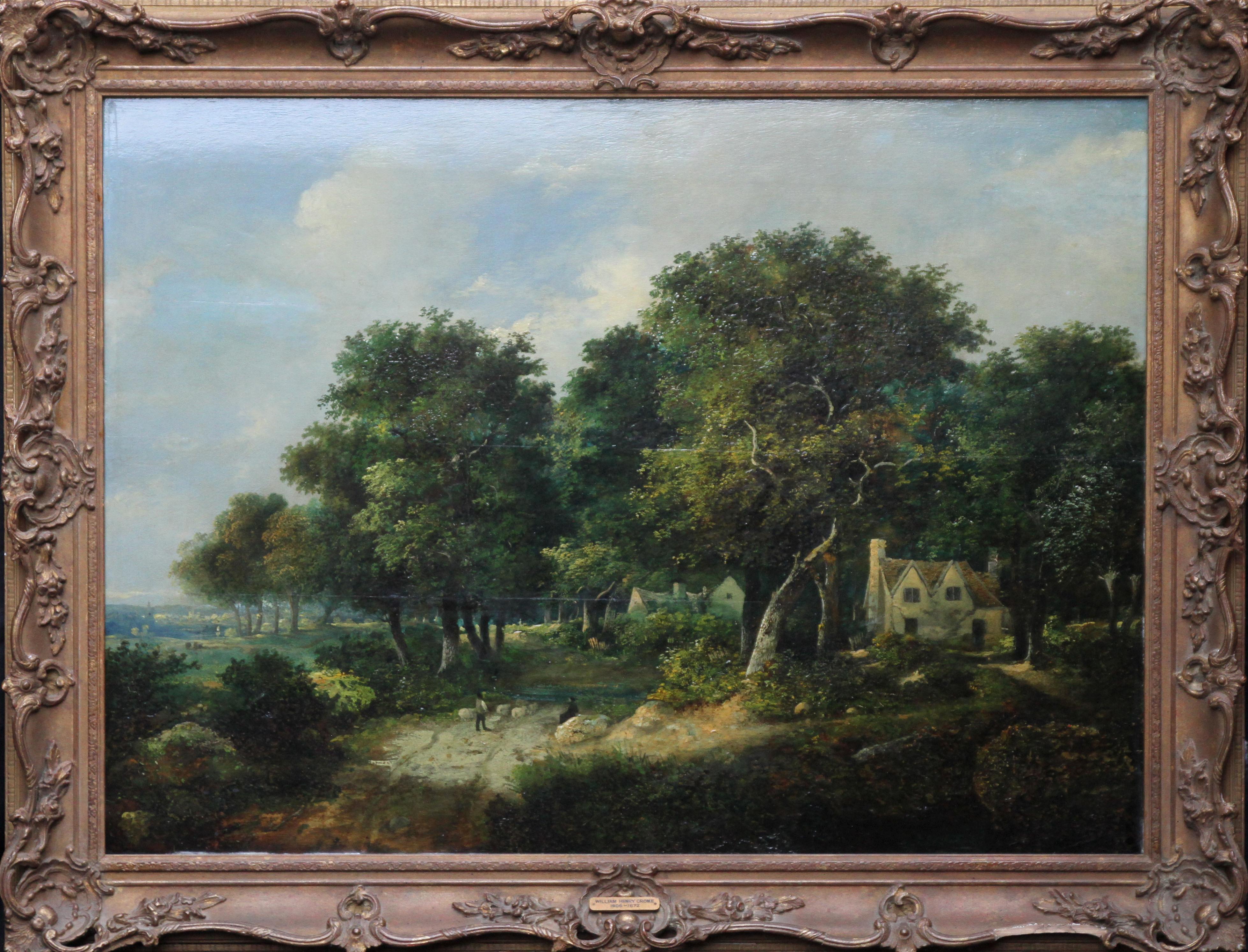 Paysage avec cottages et moutons - Peinture à l'huile d'art victorienne britannique des années 1850