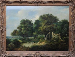 Landscape with Cottages and Sheep - British Victorian 1850's art oil painting