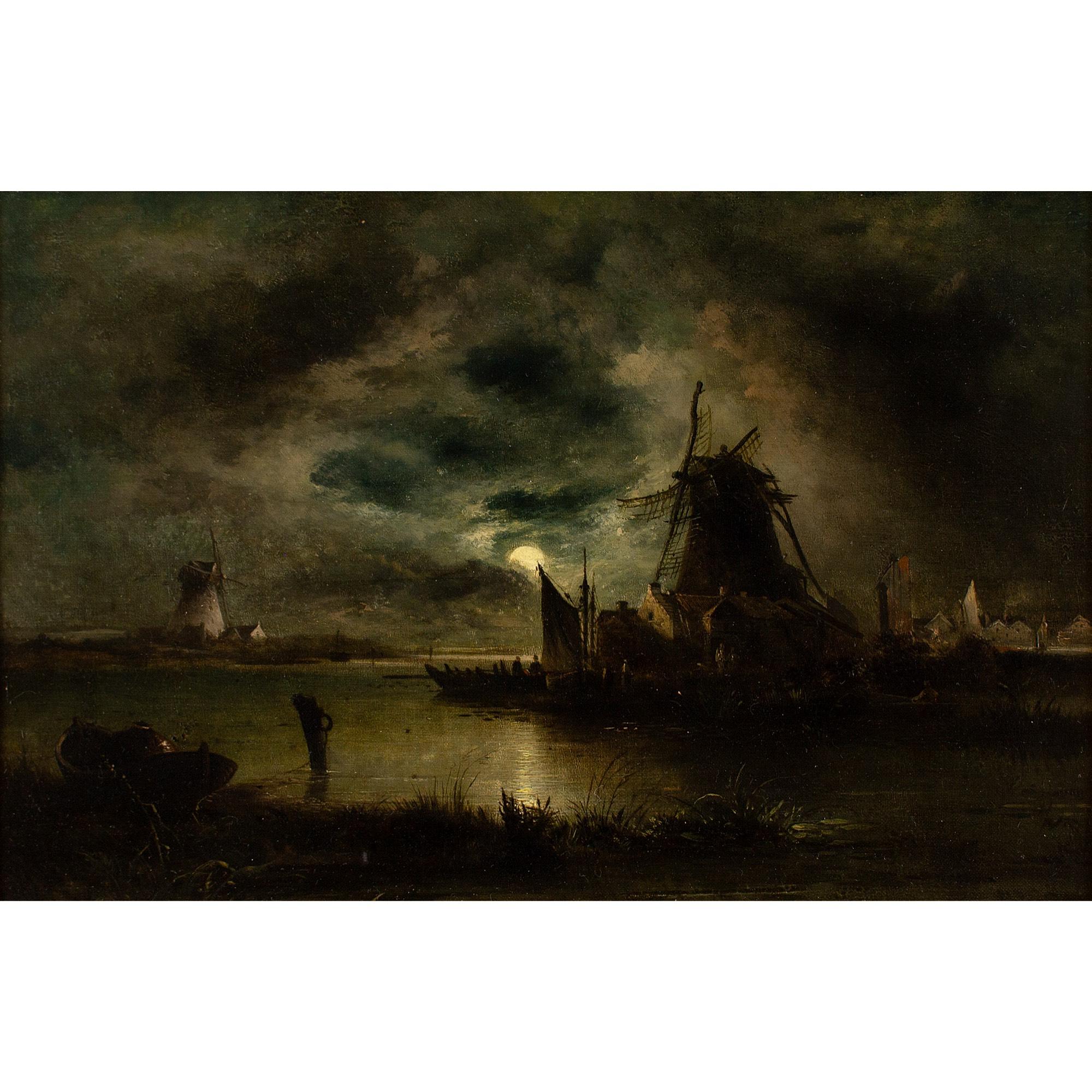 This mid-19th-century oil painting by British artist William Henry Crome (1806-1873) depicts a winding river view by moonlight.

A tired windmill, its blades battered by the elements, stands like an homage to the old Dutch Masters. Above, a gentle