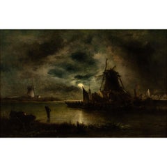 William Henry Crome, River Nocturne With Windmills, Oil Painting