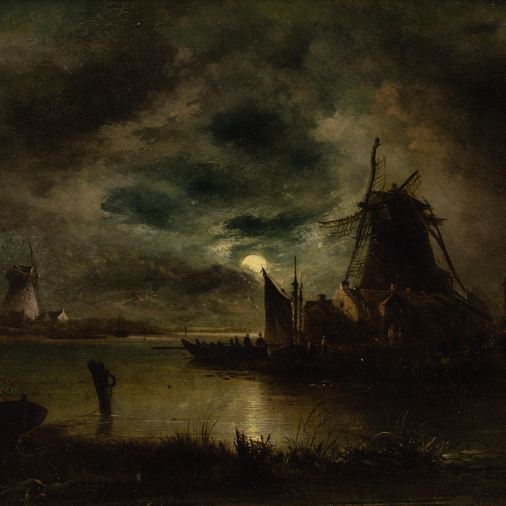 William Henry Crome, River Nocturne With Windmills, Oil Painting 3