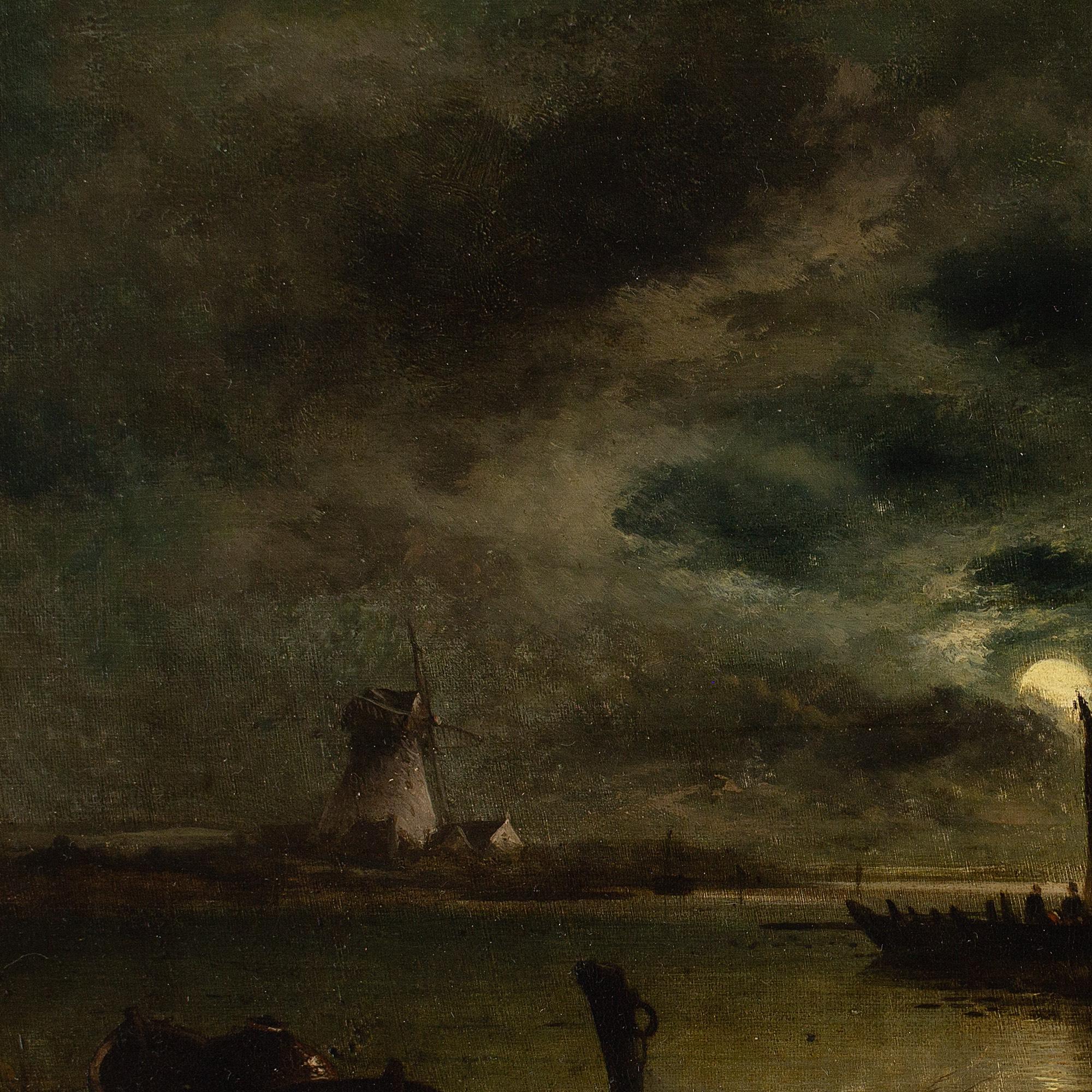 William Henry Crome, Notturno fluviale con mulini a vento, Pittura ad olio 7