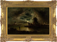Antique William Henry Crome, River Nocturne With Windmills, Oil Painting