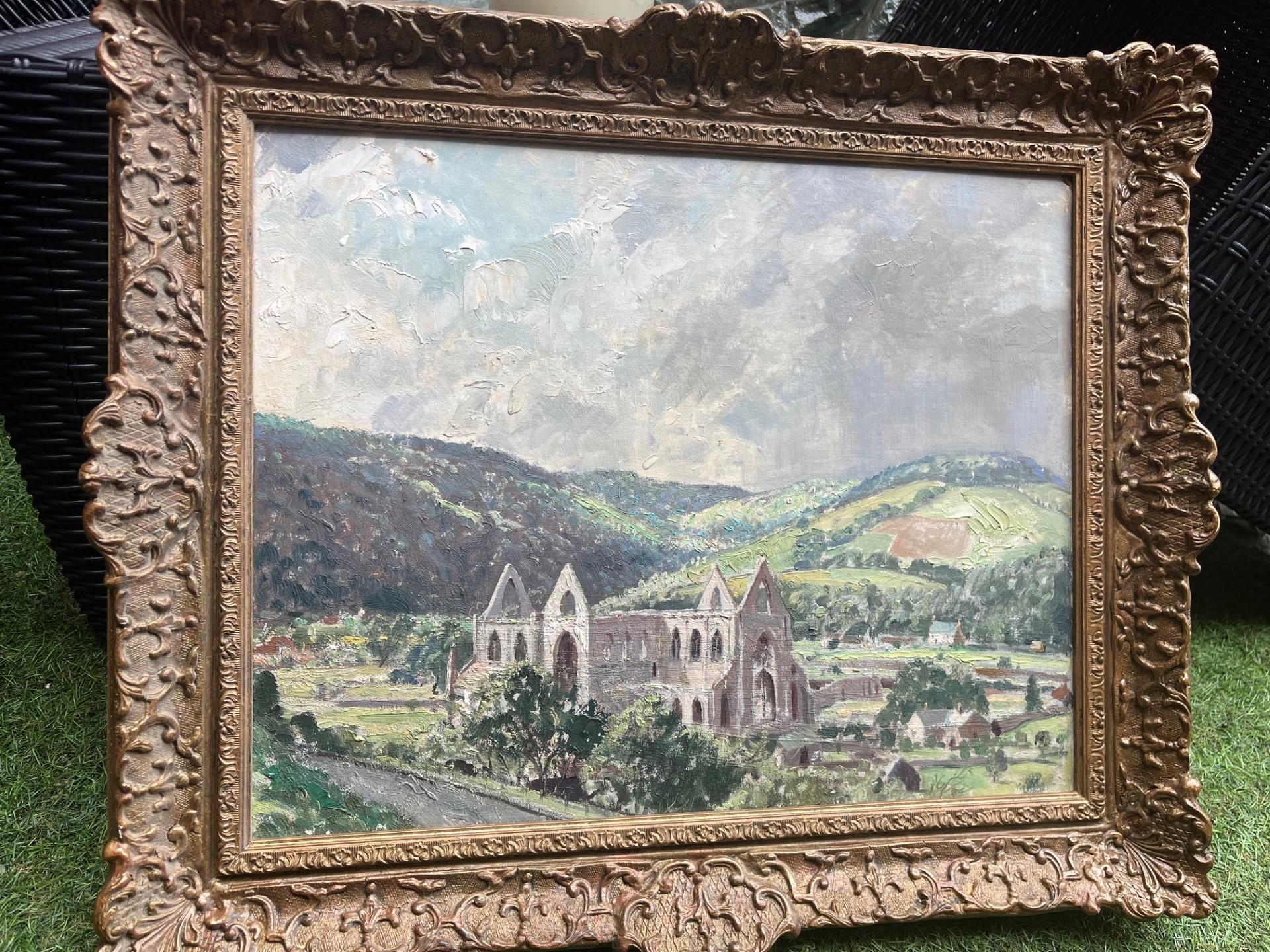 Abbazia di Tintern Wales Abbazia in rovina Grande paesaggio impressionista Olio di metà secolo - Painting di william henry david birch