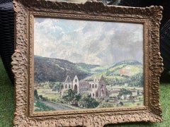 Tintern Abbey Wales Abbey ruin Large Impressionist landscape Mid Century Oil