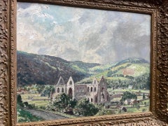 Vintage Tintern Abbey, Wales  ruins in Landscape with stormy skies large Framed Oil