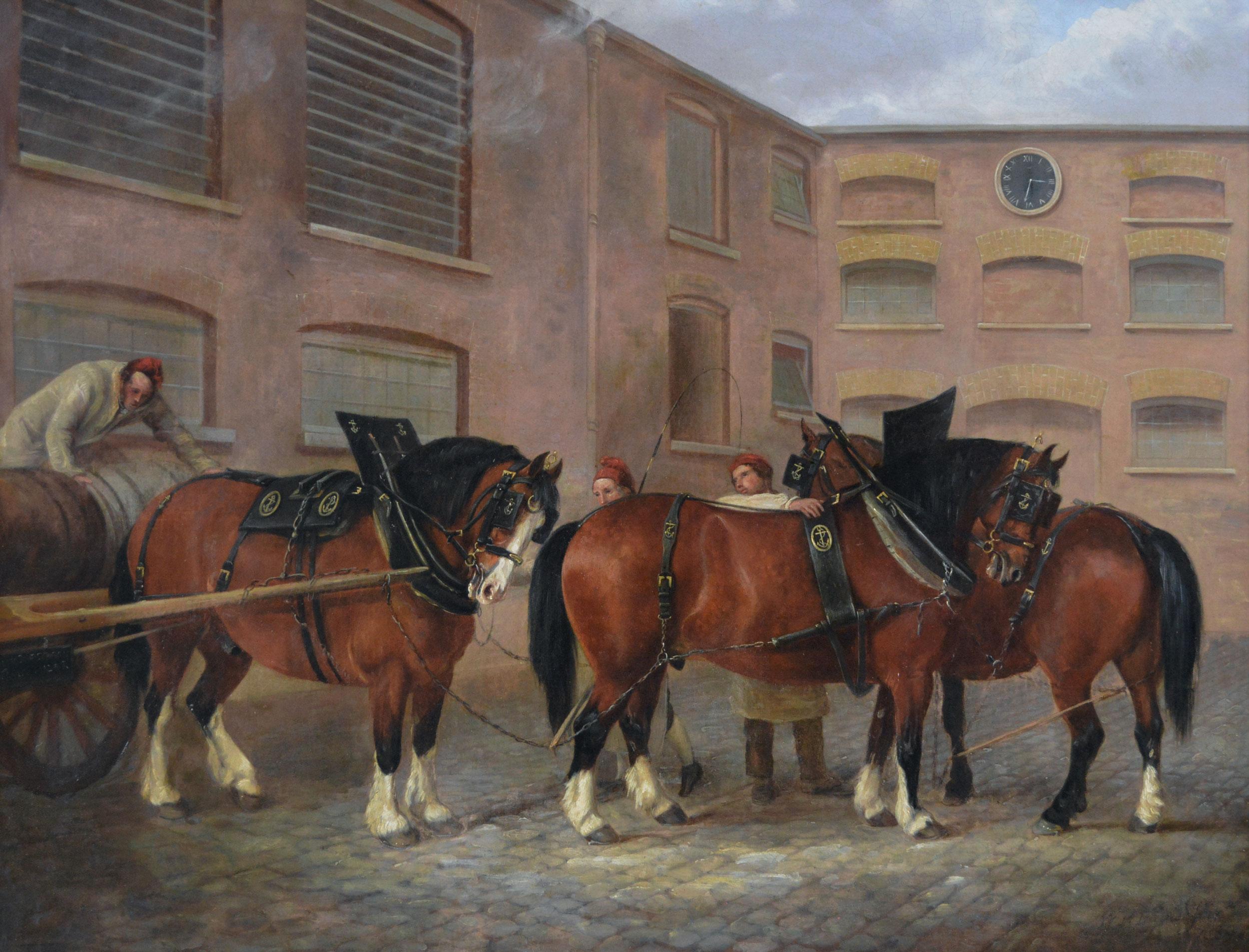 19th Century oil painting of a dray cart & shire horses in a brewery yard - Painting by William Henry Davis