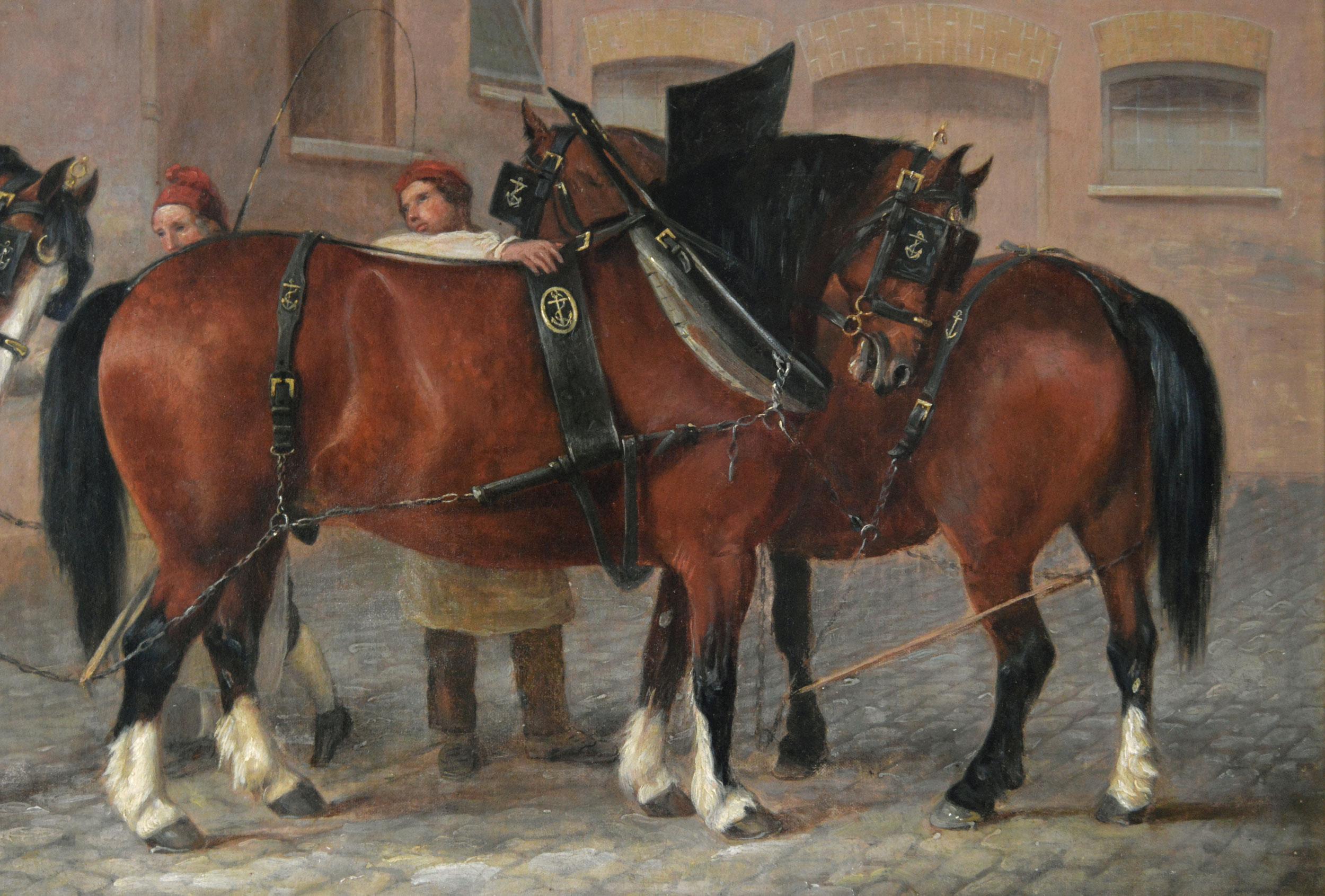 19th Century oil painting of a dray cart & shire horses in a brewery yard - Victorian Painting by William Henry Davis