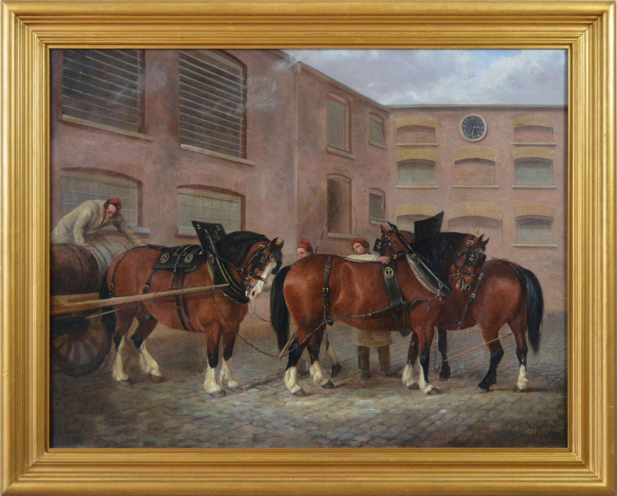 19th Century oil painting of a dray cart & shire horses in a brewery yard