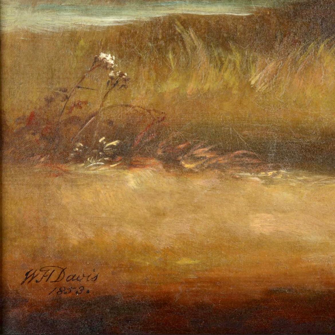 Un óleo sobre lienzo. de un. toro de cuernos cortos en un paisaje de William Henry Davis (británico, hacia 1783-1865), firmado y fechado en 1853 en la parte inferior izquierda, presentado en un marco dorado....
El lienzo mide 21