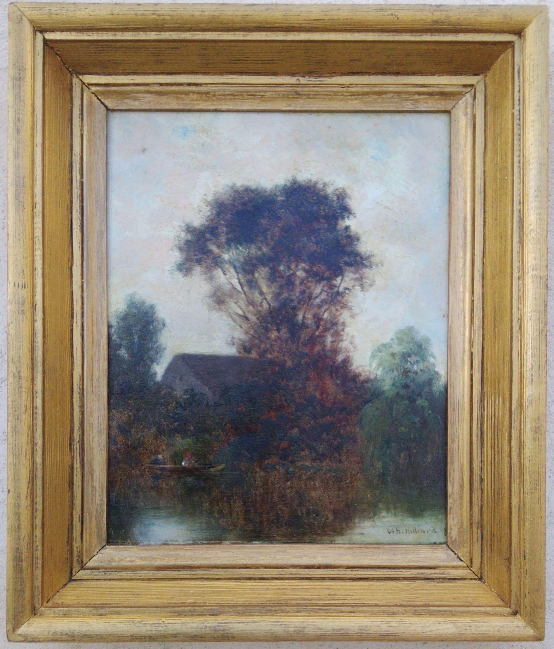 Hudson River artist painting, landscape with figures in a boat - Painting by William Henry Hilliard