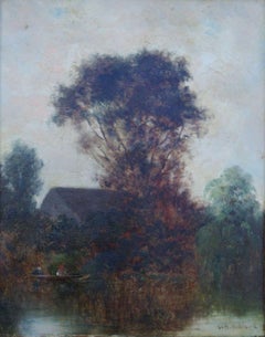 Hudson River artist painting, landscape with figures in a boat