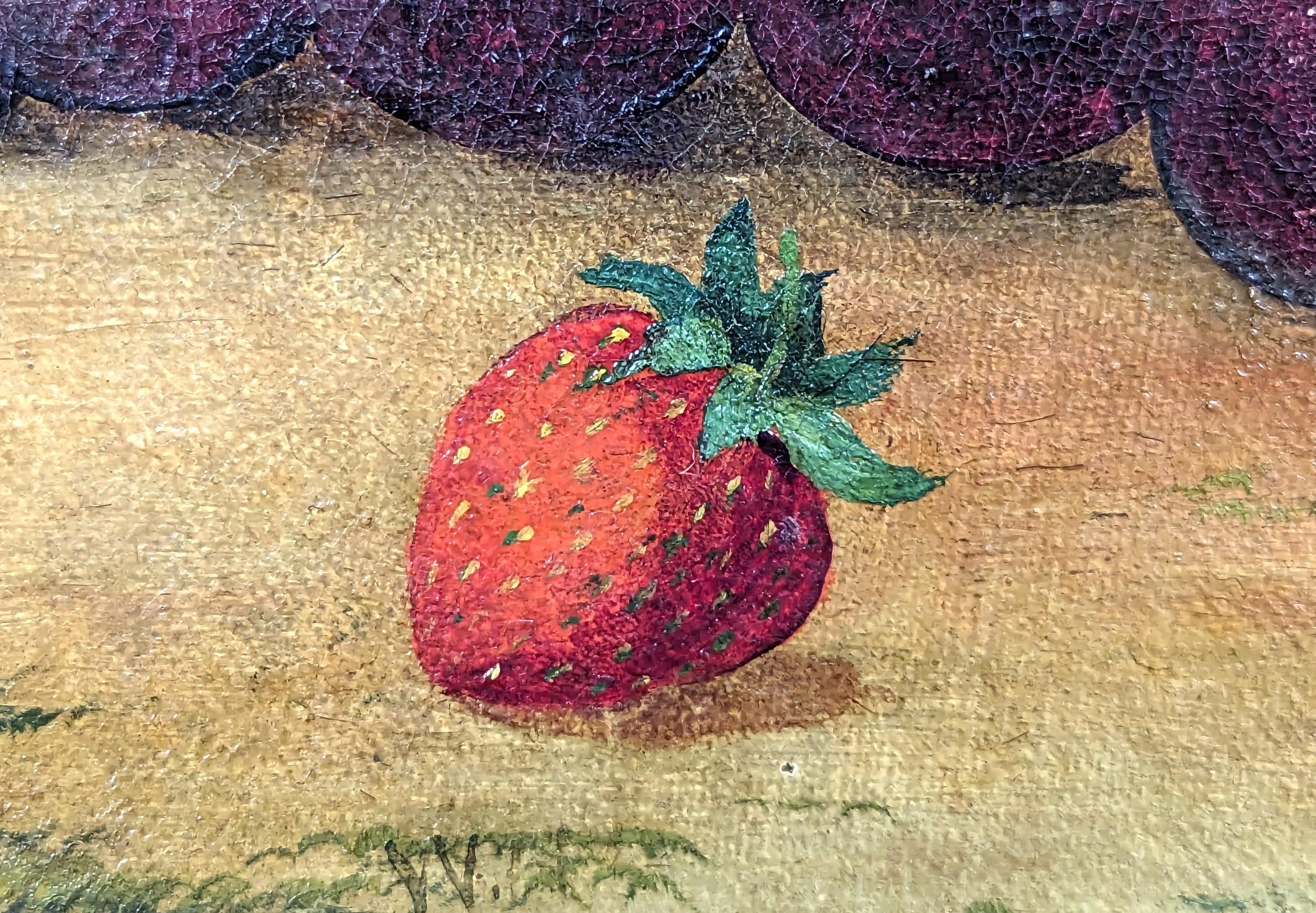 Early Naturalistic Still Life Oil Painting of Strawberries and Grapes For Sale 8