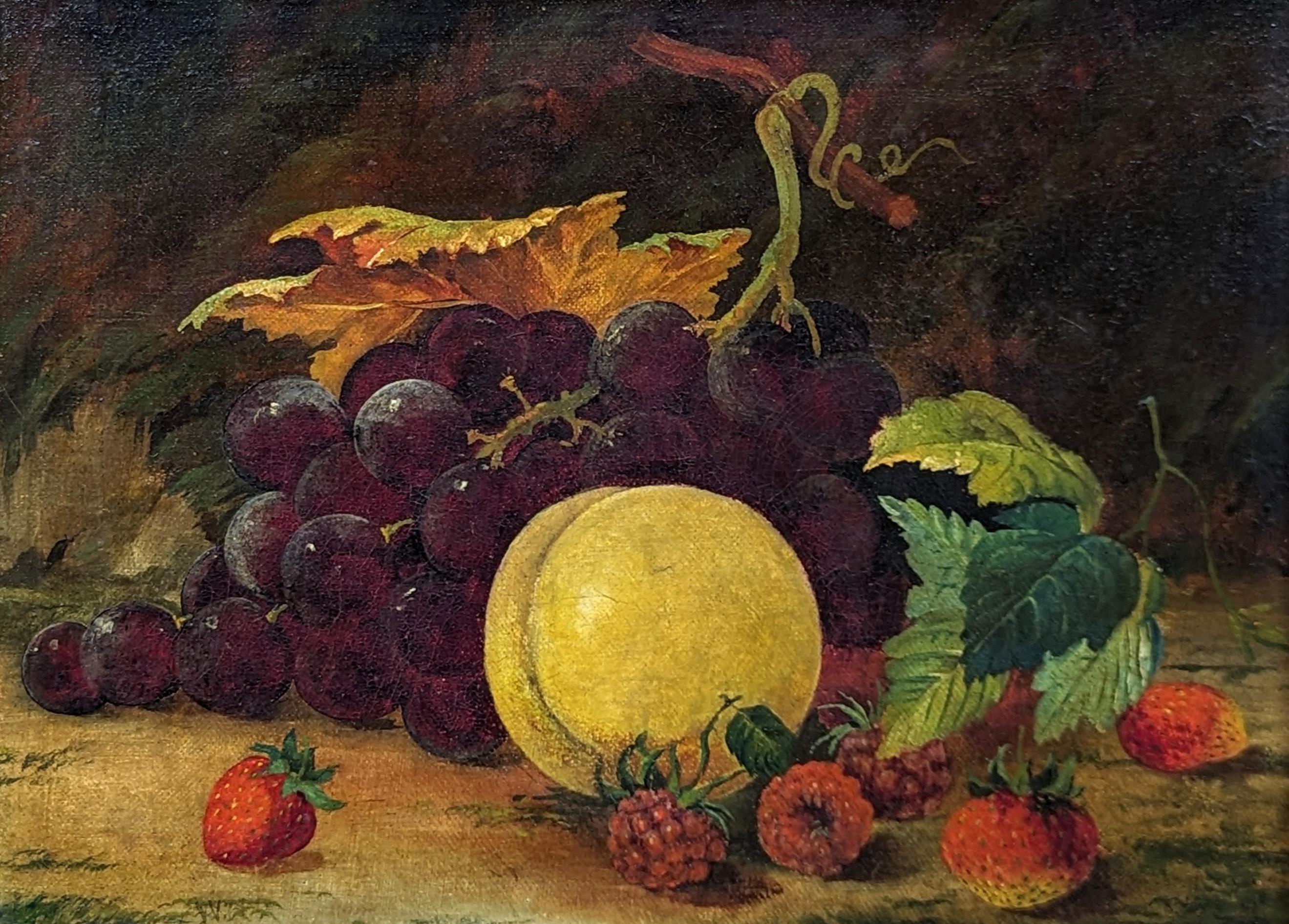 The work features a beautifully rendered still life of a group of strawberries arranged next to a bunch of grapes in the style of William Henry Hunt. Currently hung in a carved, gold leaf frame with a plaque that reads 