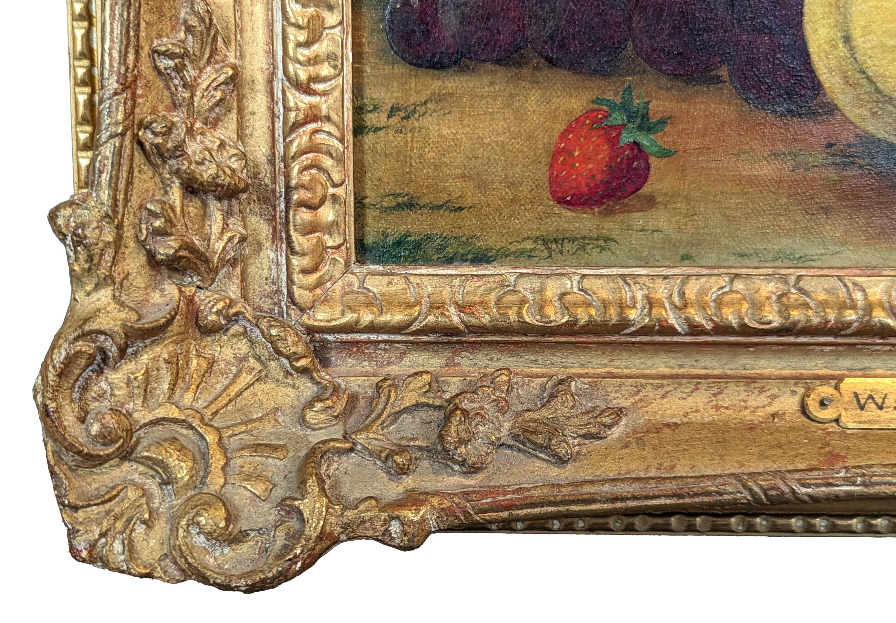 Early Naturalistic Still Life Oil Painting of Strawberries and Grapes For Sale 4