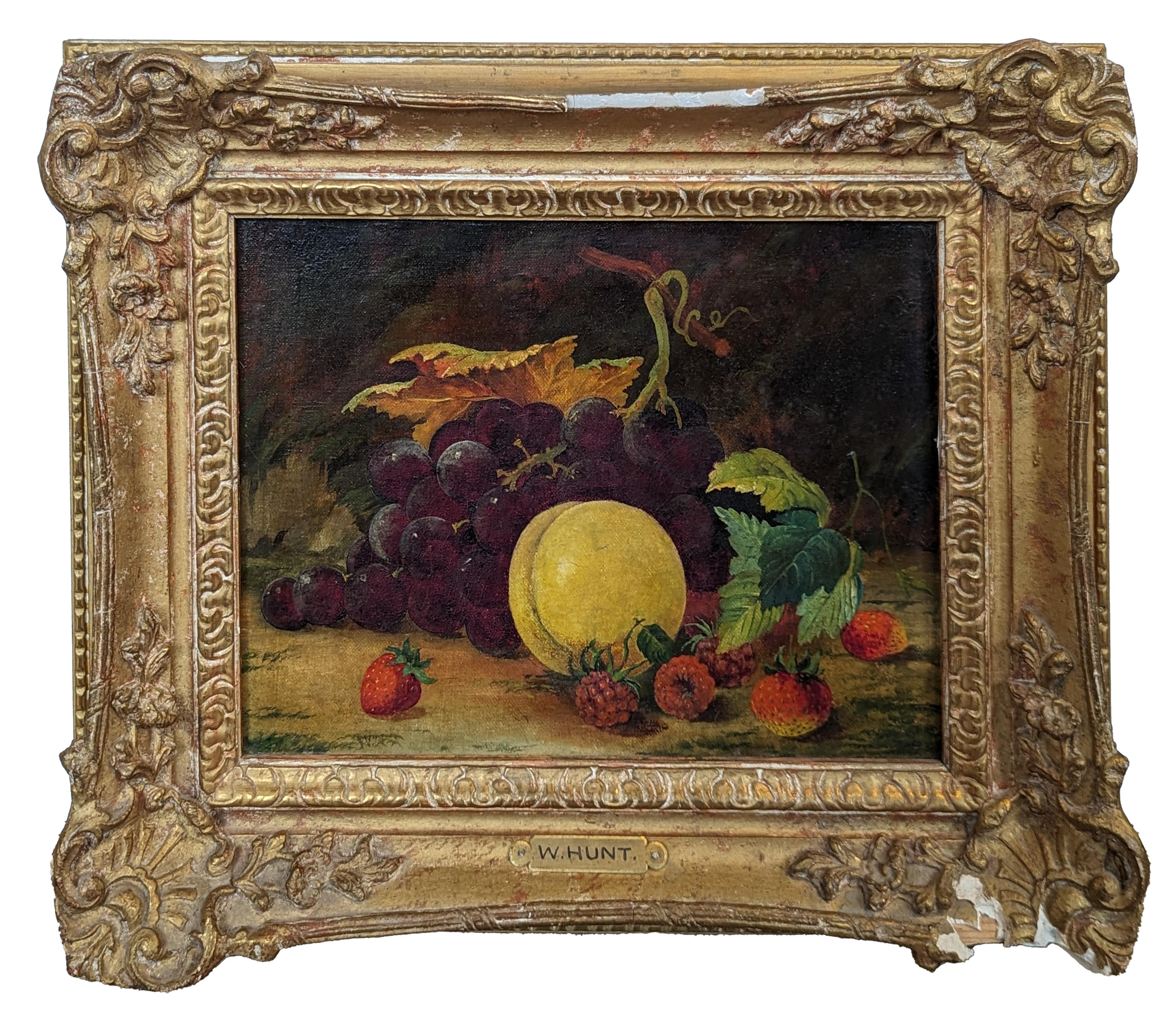 William Henry Hunt Interior Painting - Early Naturalistic Still Life Oil Painting of Strawberries and Grapes