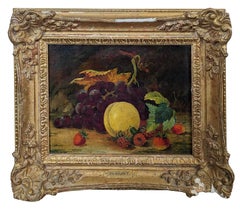 Vintage Early Naturalistic Still Life Oil Painting of Strawberries and Grapes