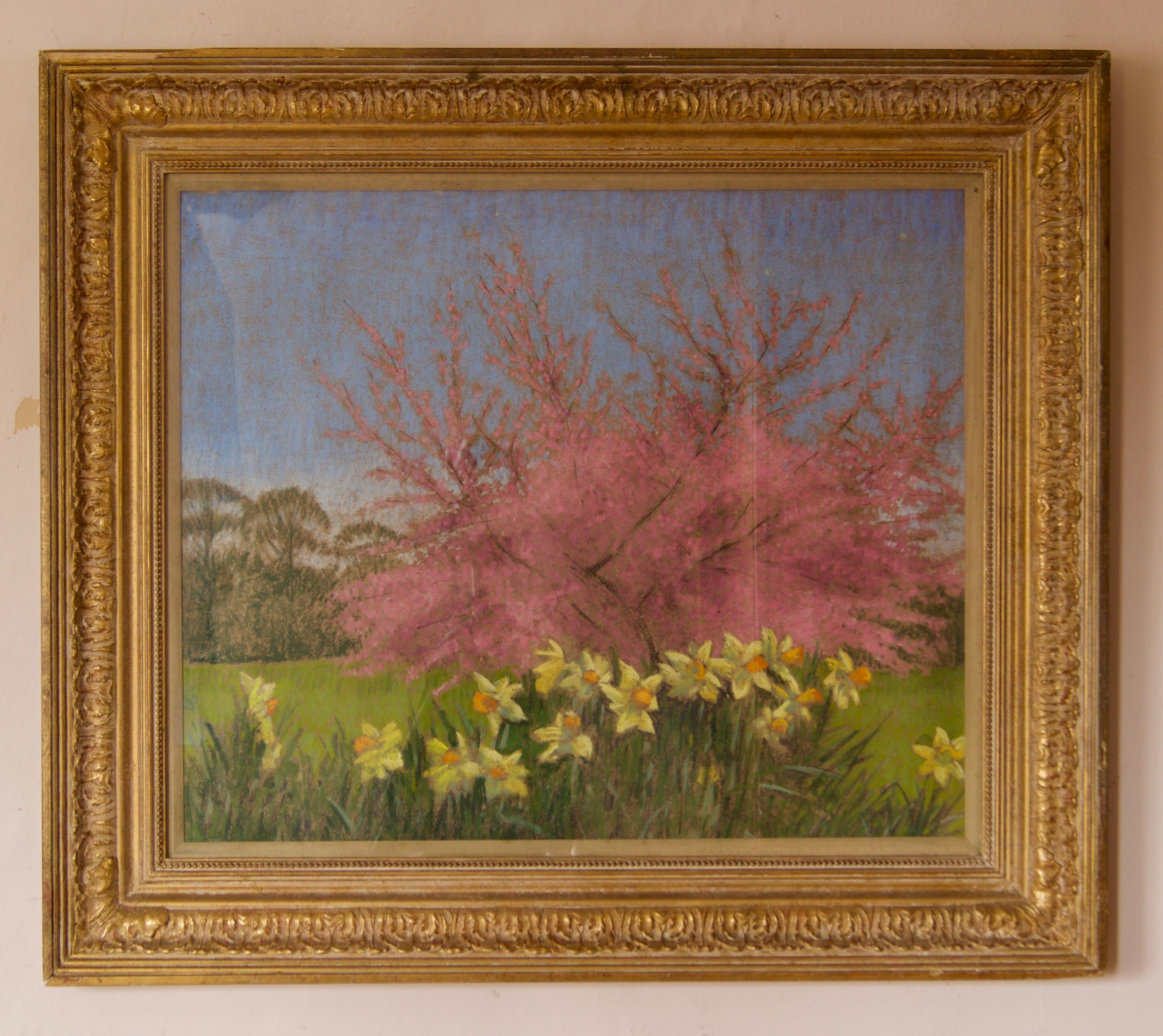 Albero di meli in fiore e denti di leone - Olio di paesaggio impressionista della metà del XX secolo - Painting di William Henry Innes