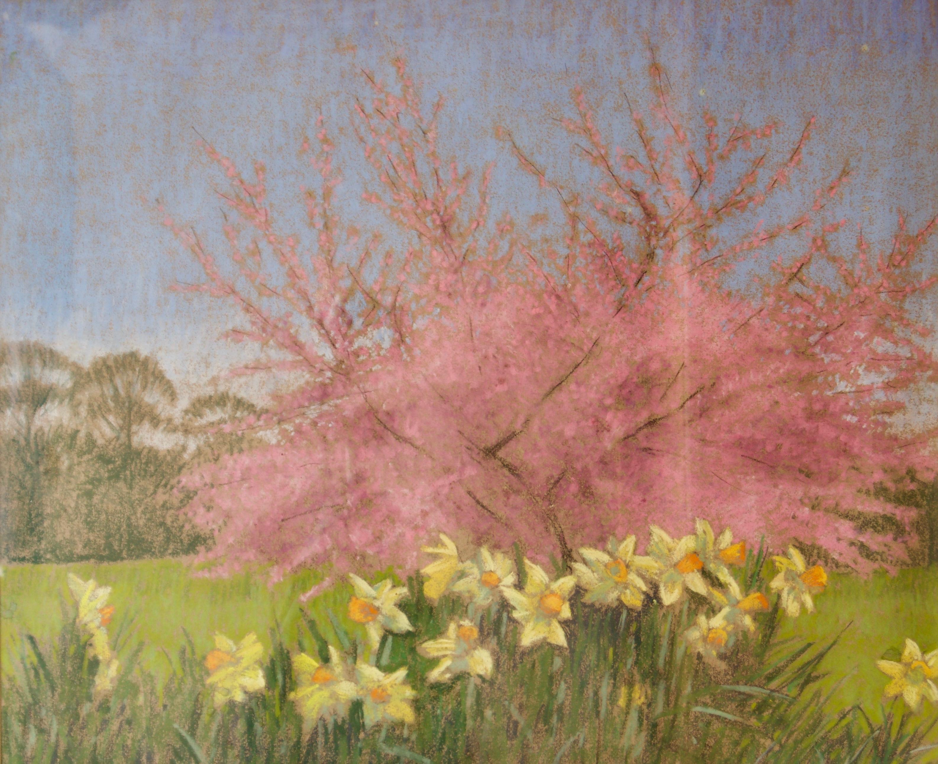 Apple Blossom Tree and Dandelions - Mid 20th Century Impressionist Landscape Oil