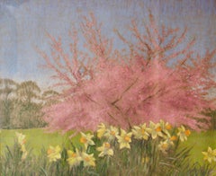 Vintage Apple Blossom Tree and Dandelions - Mid 20th Century Impressionist Landscape Oil