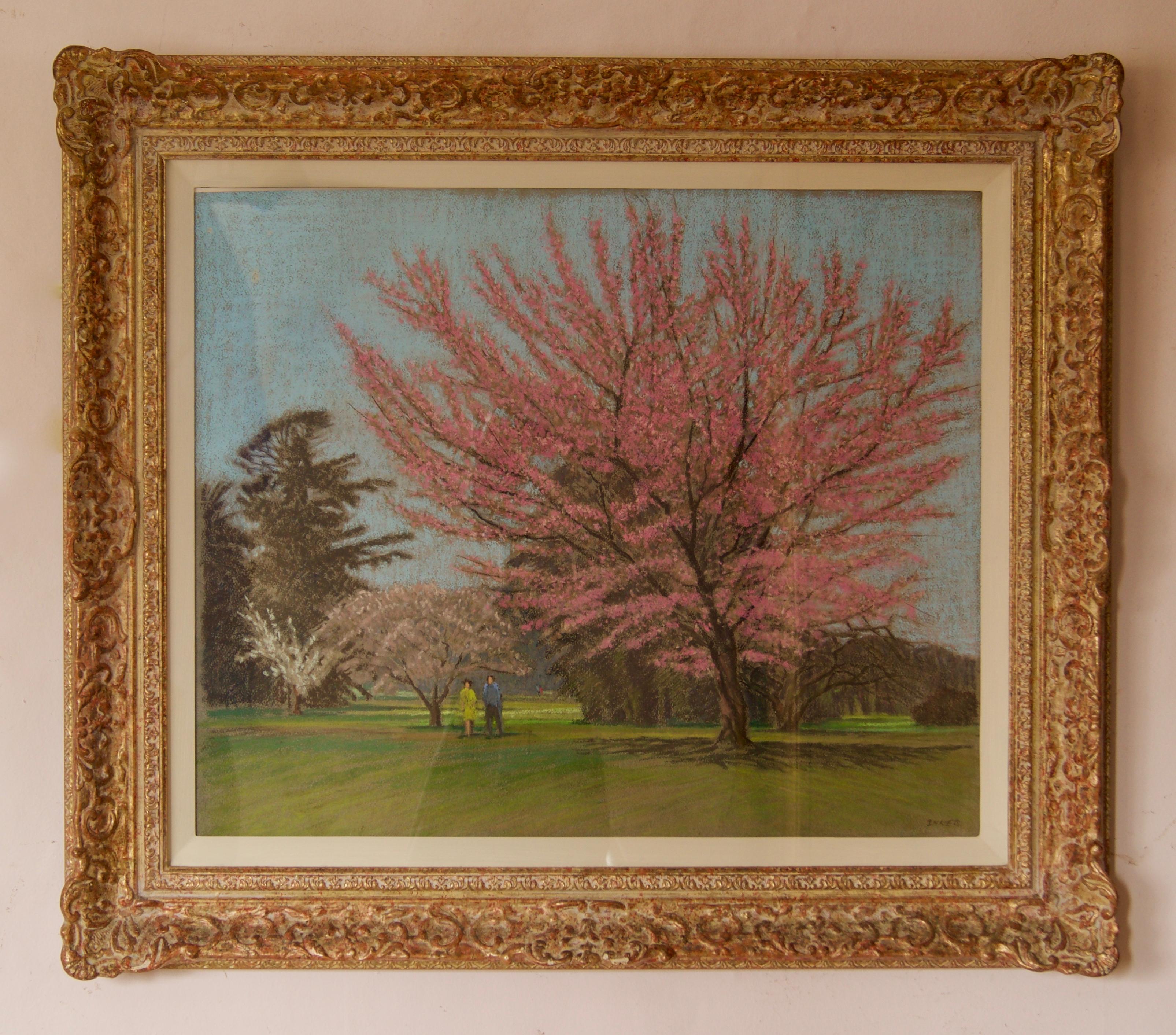 Apple Blossom Tree Park - Mid 20th Century Impressionist Landscape Oil by Innes - Painting by William Henry Innes