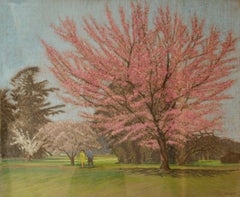 Vintage Apple Blossom Tree Park - Mid 20th Century Impressionist Landscape Oil by Innes