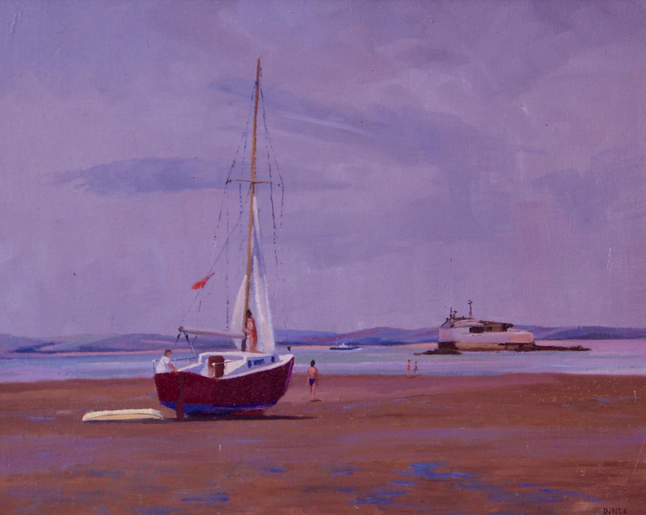 William Henry Innes Landscape Painting - Bembridge Beach - Isle of Wight Mid 20th Century Impressionist Oil Pastel Innes