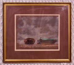 Boats on the Beach - Impressionistisches Ölpastell auf Papier von Innes, Mitte des 20. Jahrhunderts