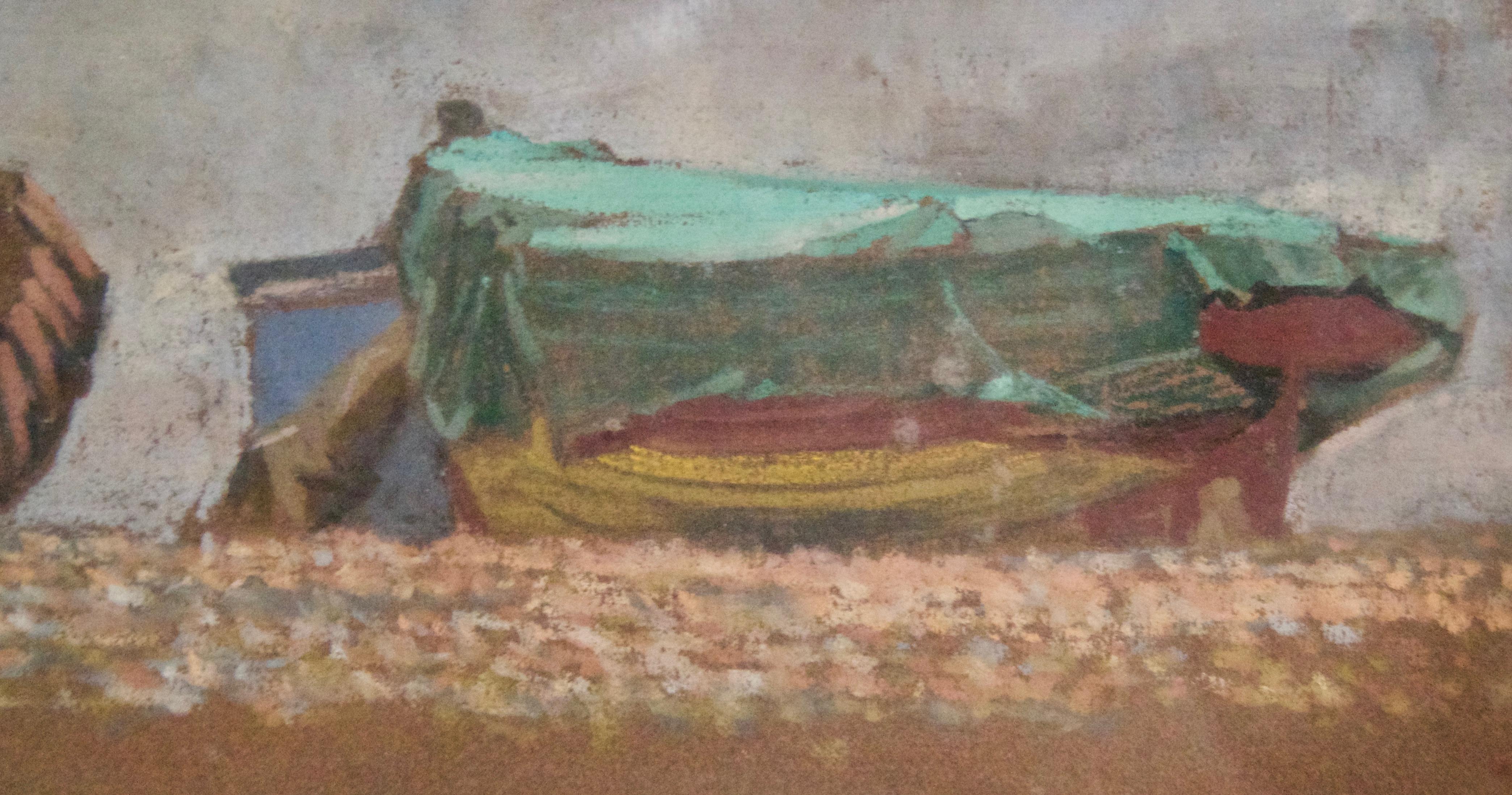 Barche sulla spiaggia - Pastello a olio impressionista su carta della metà del XX secolo di Innes - Painting Impressionismo di William Henry Innes
