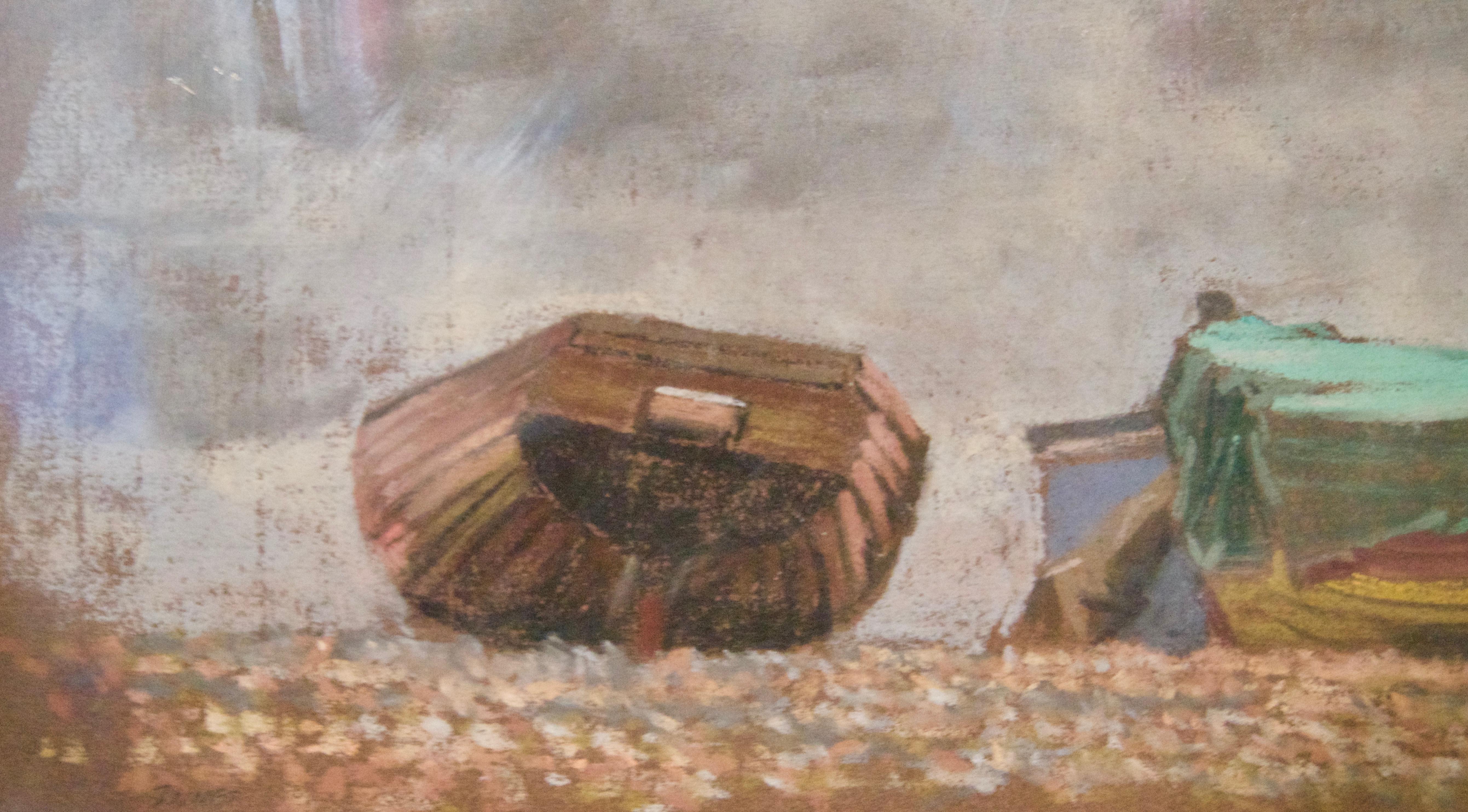 Barche sulla spiaggia - Pastello a olio impressionista su carta della metà del XX secolo di Innes - Landscape Painting Marrone di William Henry Innes
