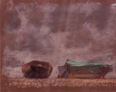 Vintage Boats on the Beach - Mid 20th Century Impressionist Oil Pastel on Paper by Innes