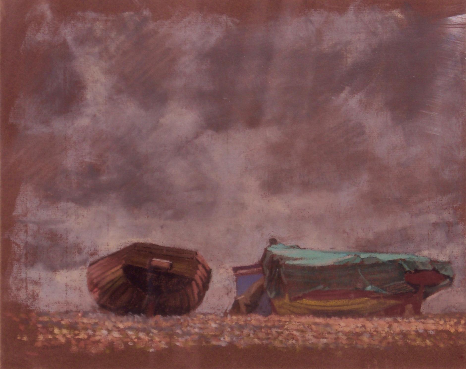 Boats on the Beach - Mid 20th Century Impressionist Oil Pastel on Paper by Innes