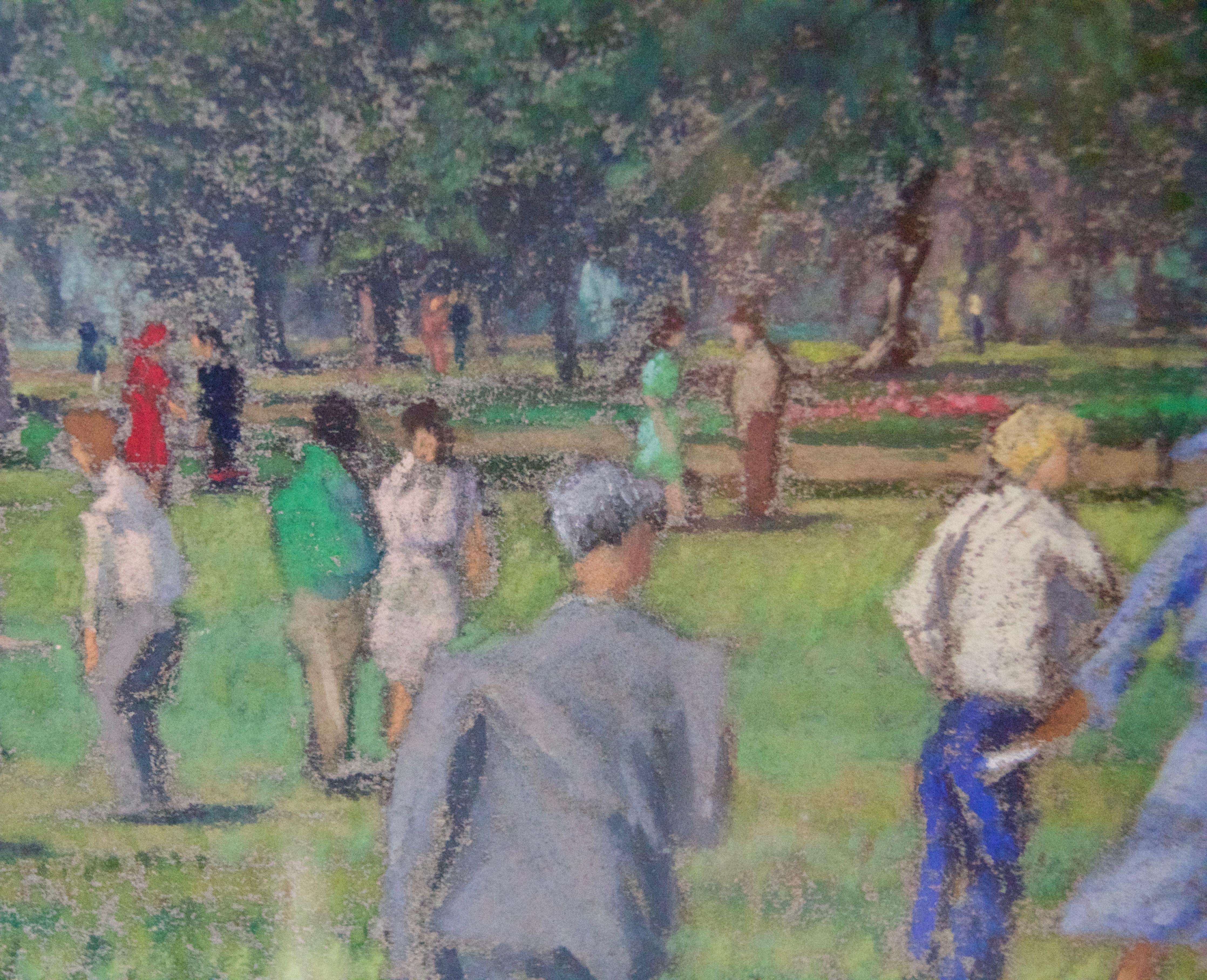Celebración campestre - Óleo impresionista de mediados del siglo XX de una casa solariega - Landscape Painting Gris de William Henry Innes