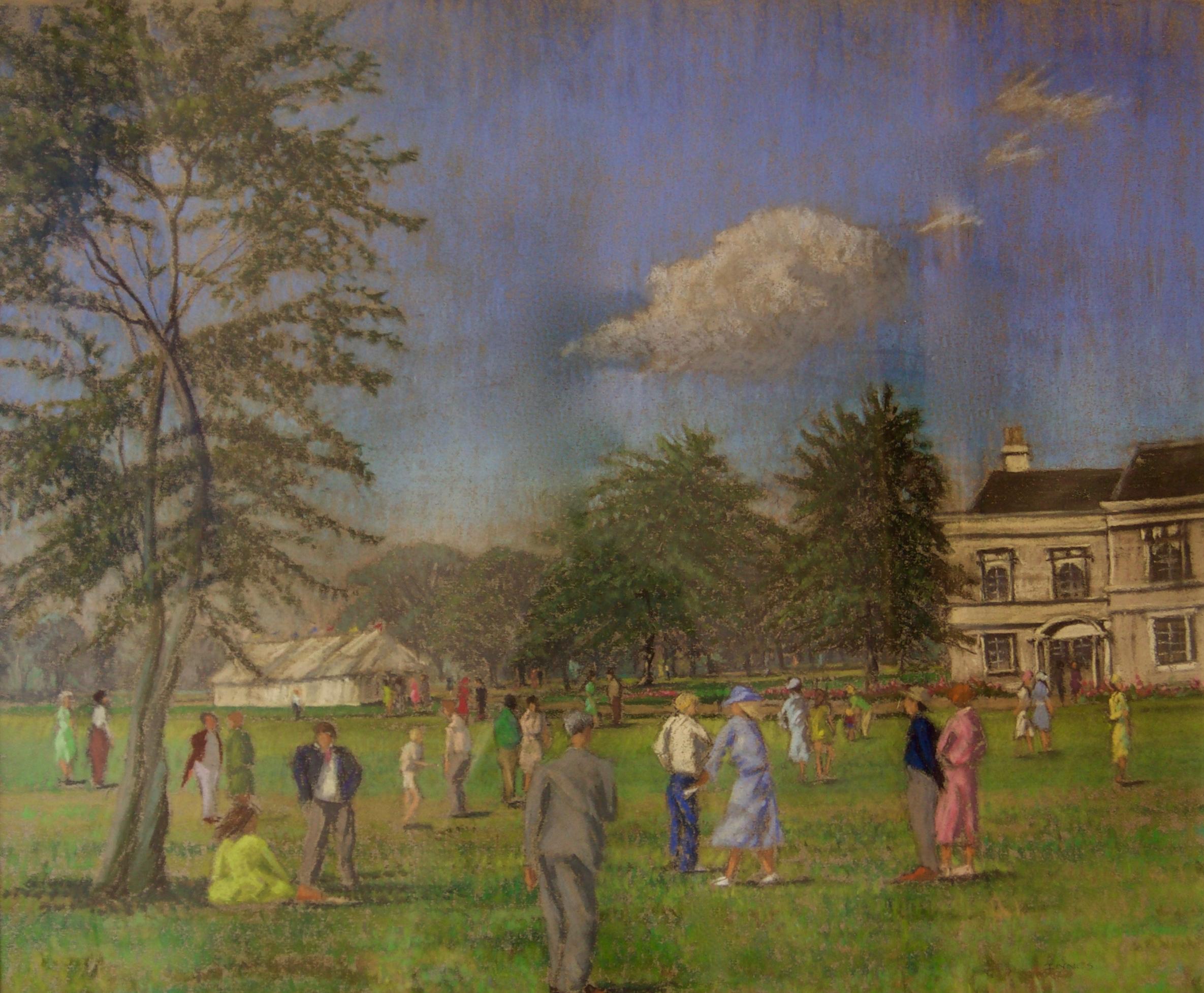 Country Celebration - Mid 20th Century Impressionist Oil Piece of Manor House