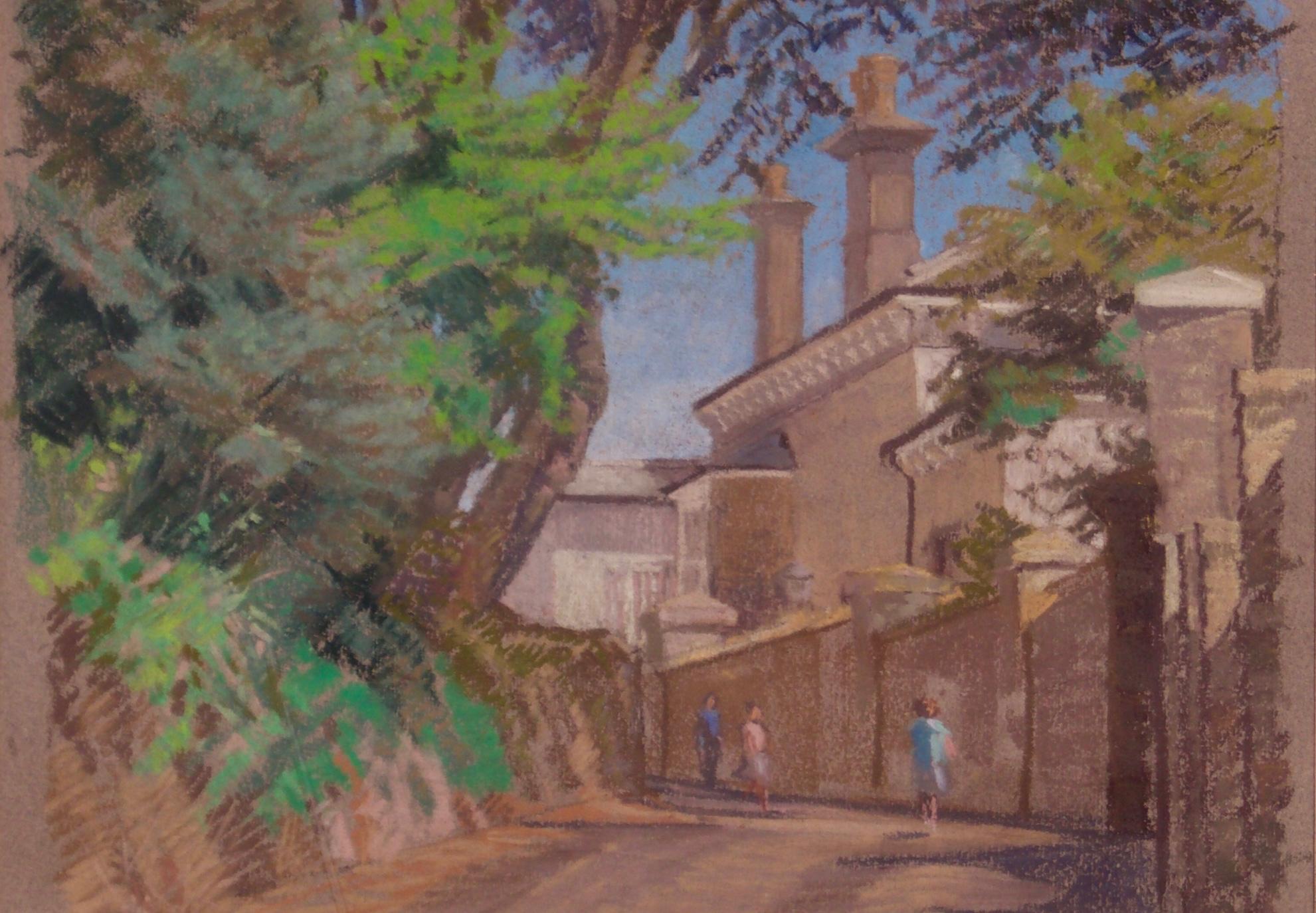 English Town - Mid - Late 20th Century Impressionist Oil Pastel Town by Innes