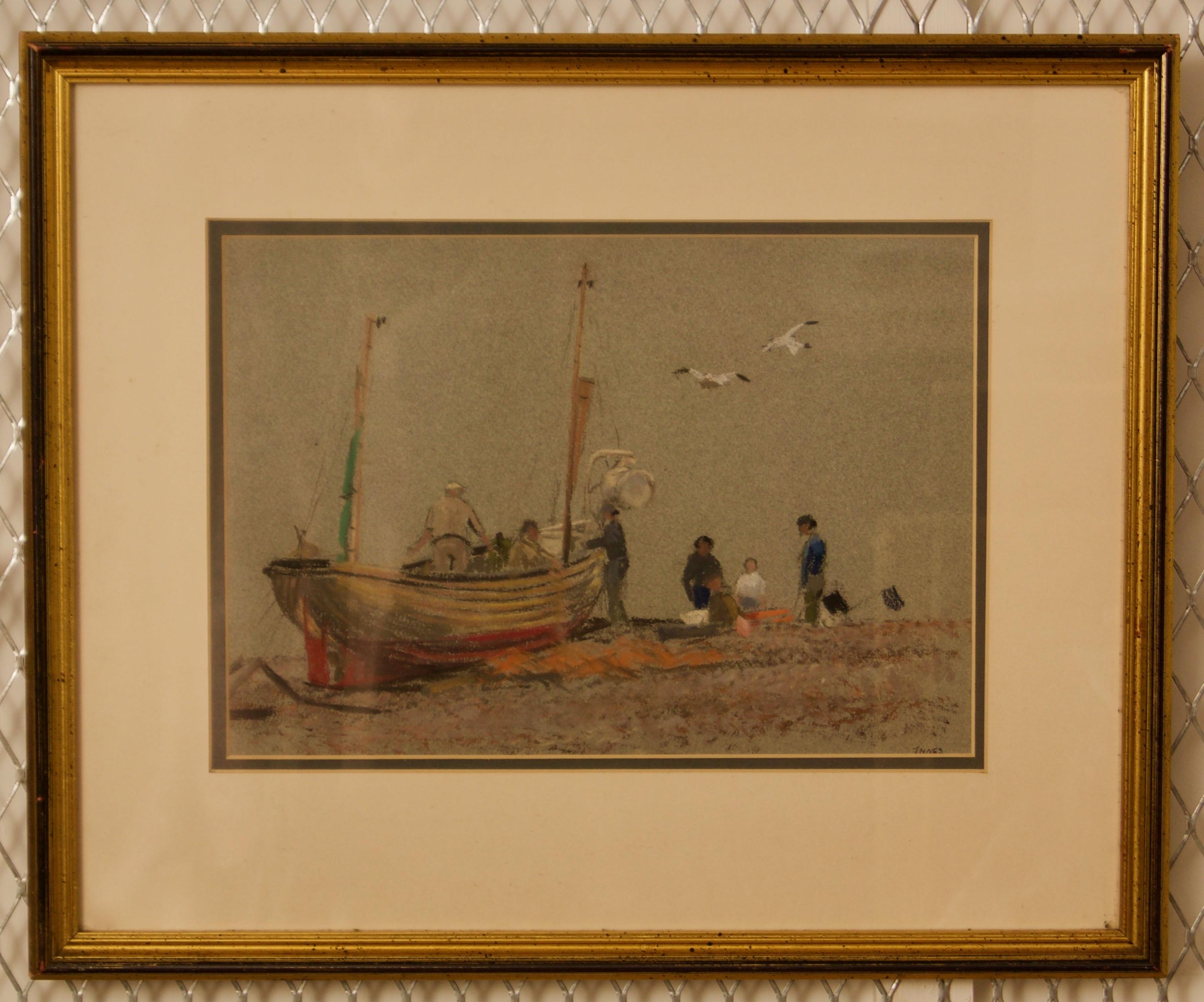 Día gris en Eastbourne - Pastel al óleo impresionista de mediados del siglo XX de un barco - Painting de William Henry Innes