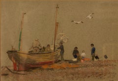 Grey Day At Eastbourne - Mid 20th Century Impressionist Oil Pastel of a Boat 