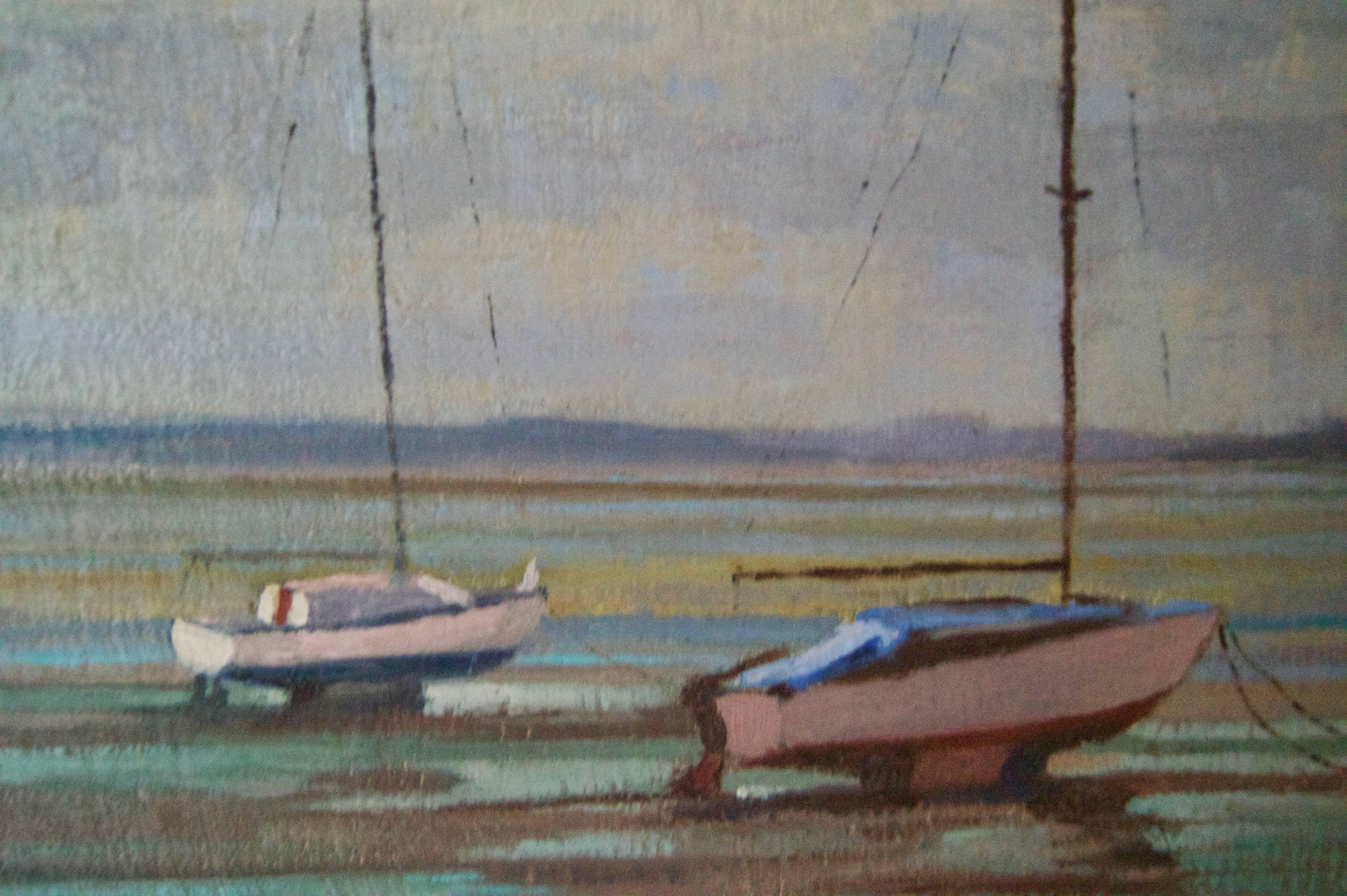 Moored Sailing Boats - Mid 20th Century Impressionist Oil by William Henry Innes 3