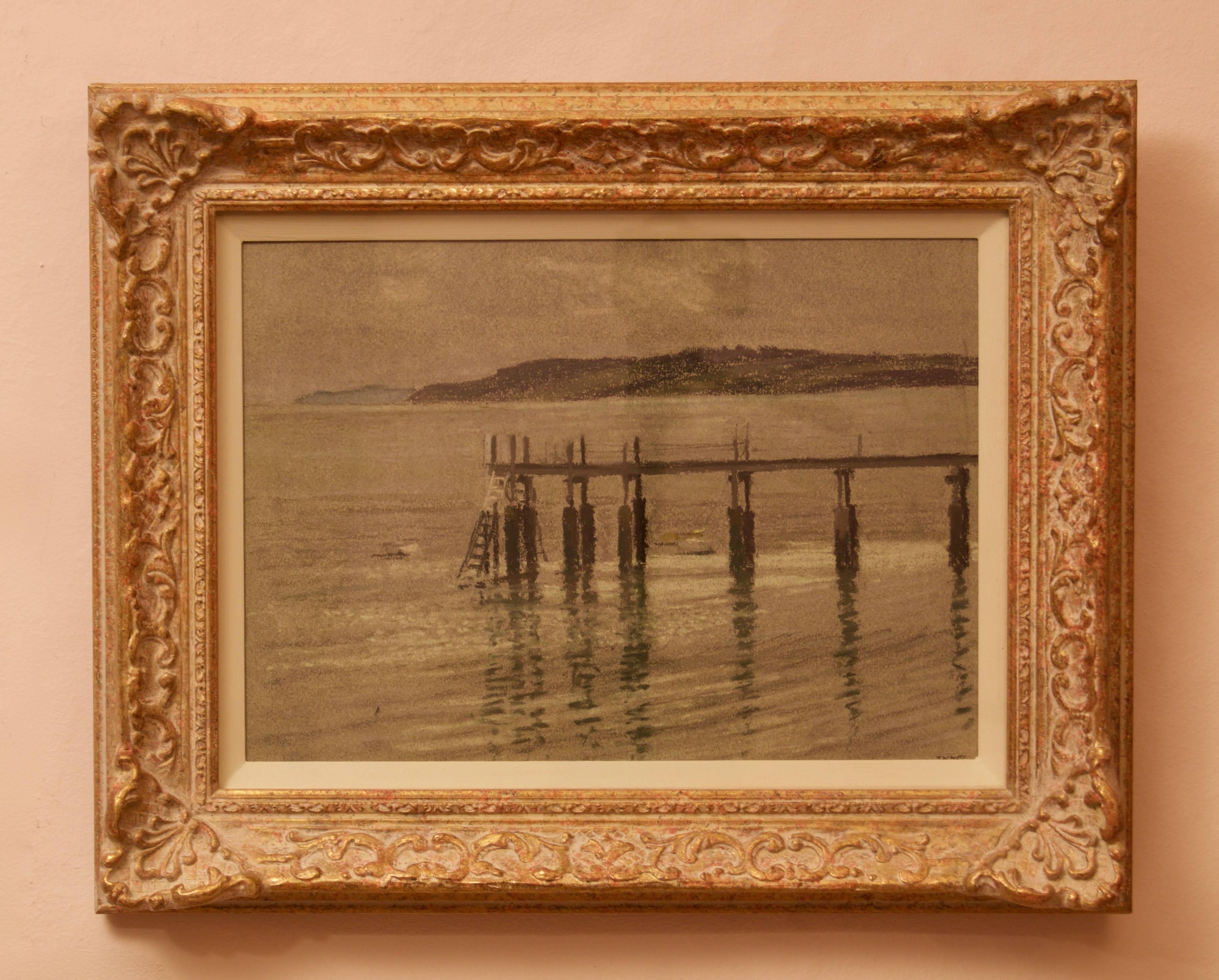 Pier - Mid 20th Century Impressionist Oil Pastel on Paper by William Henry Innes For Sale 2