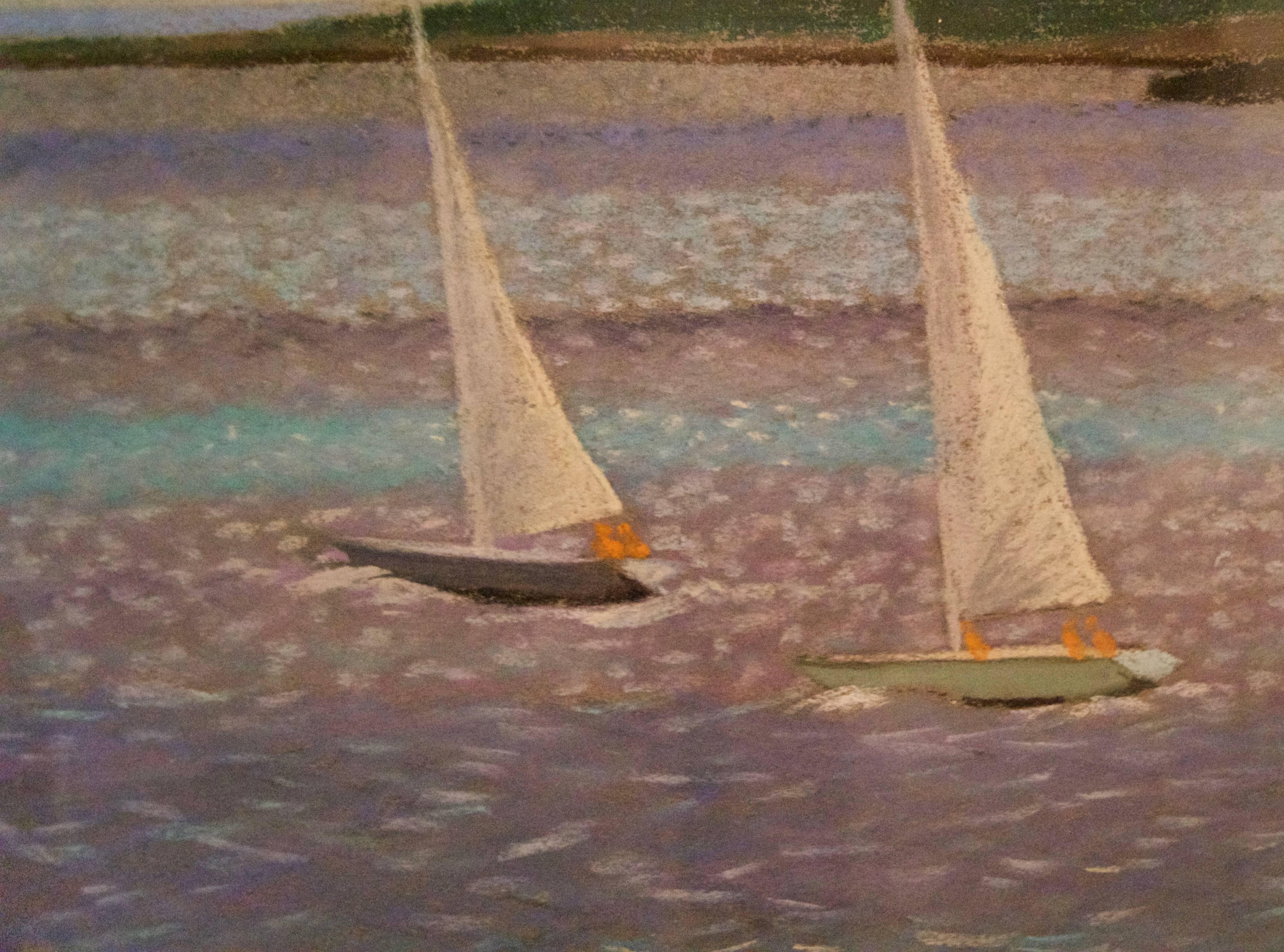 Sail Boats by the Shore - Mid 20th Century Pastel Landscape by William Innes - Brown Landscape Painting by William Henry Innes