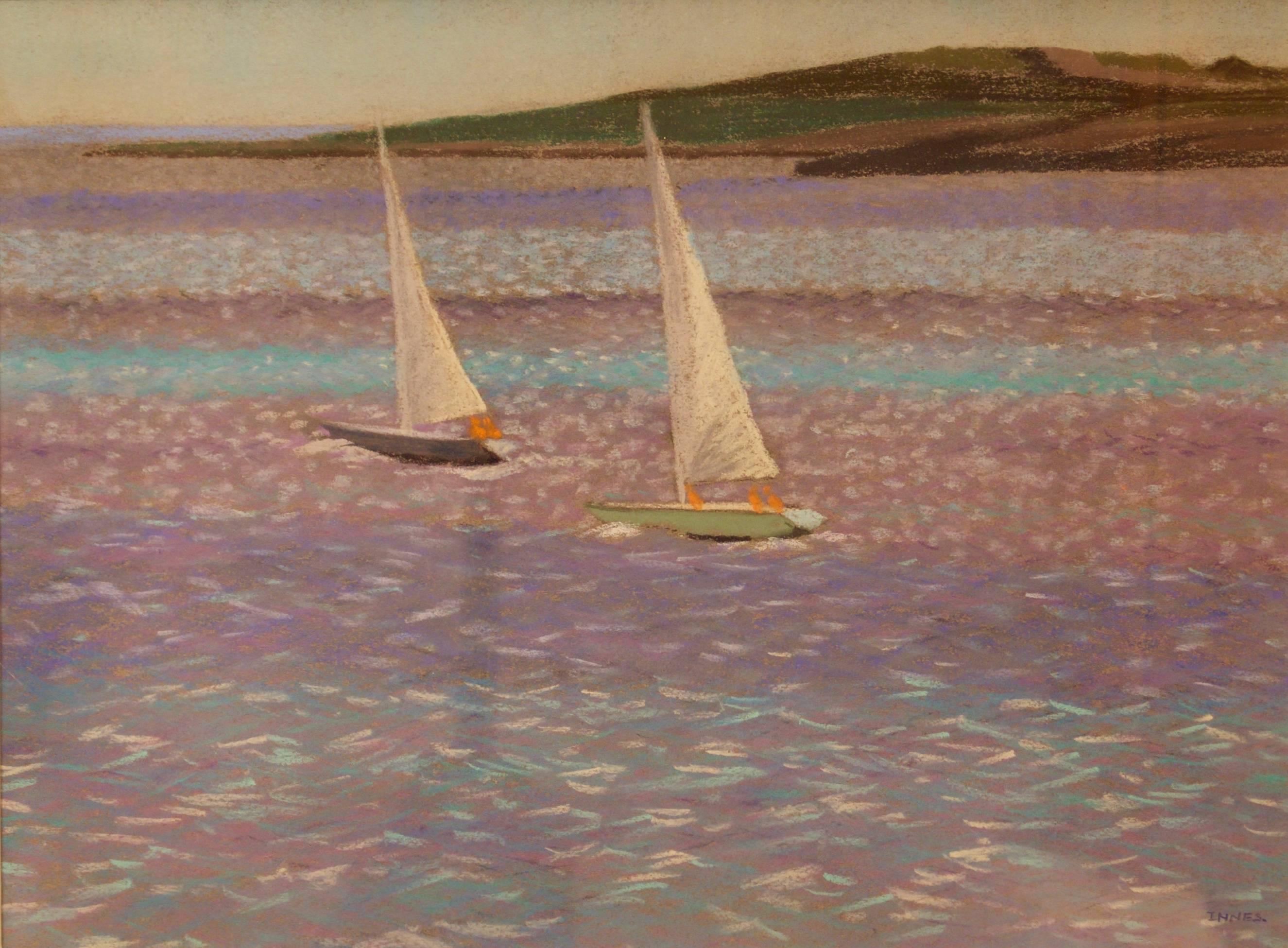 William Henry Innes Landscape Painting - Sail Boats by the Shore - Mid 20th Century Pastel Landscape by William Innes