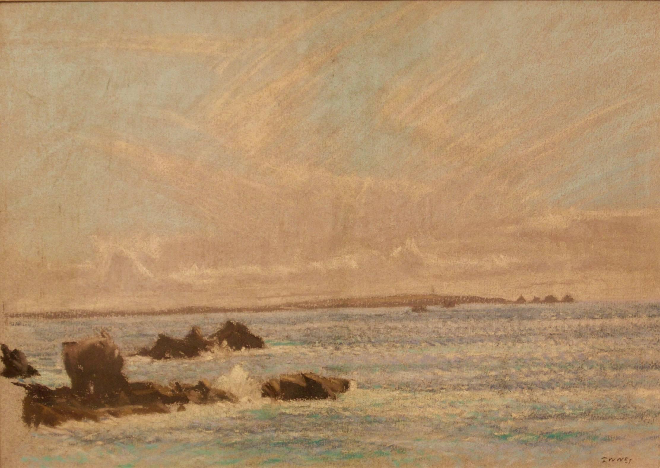 Paisaje marino de St Ives - Pastel impresionista de mediados del siglo XX por William Henry Innes