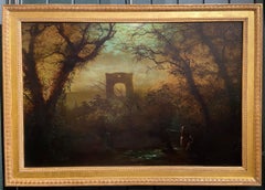 Kirkstall Abbey, 19th Century Romantic Moonlight Oil Landscape