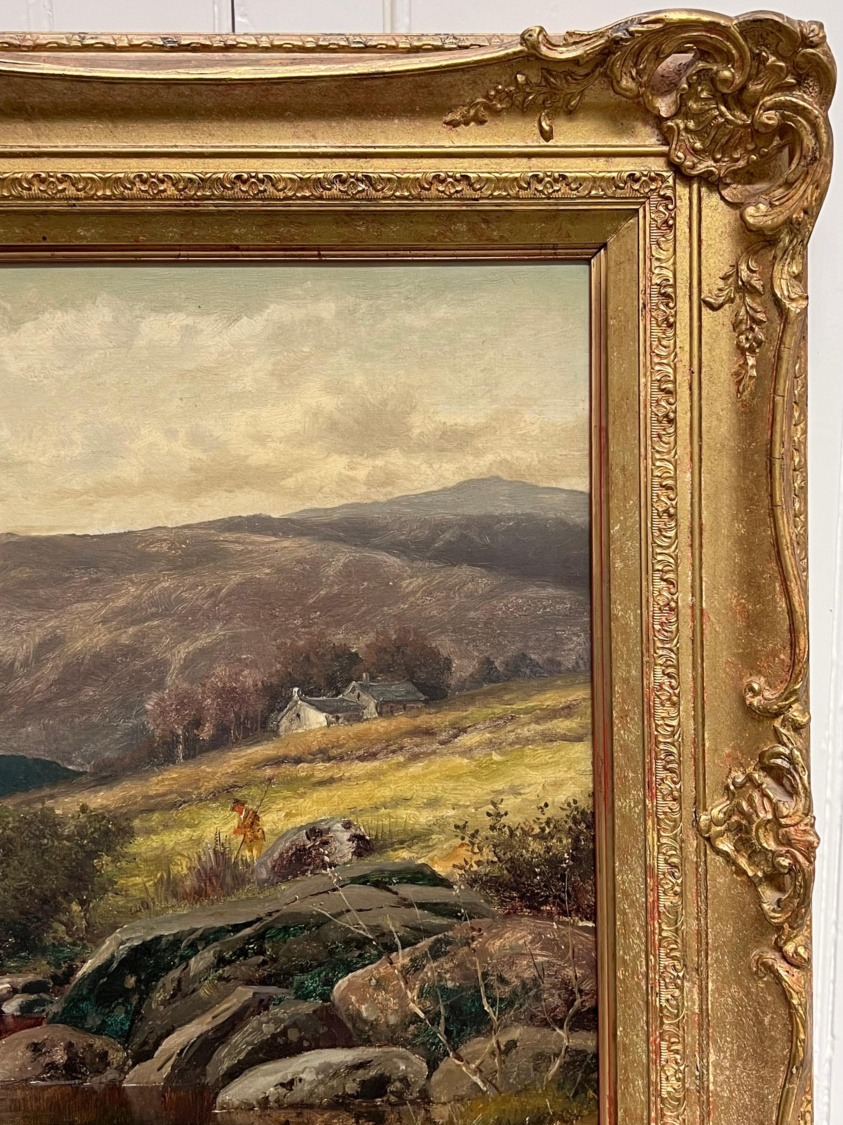 Fein 1890's British viktorianischen signiert Welsh Landschaft Ölgemälde Angler Fluss im Angebot 5