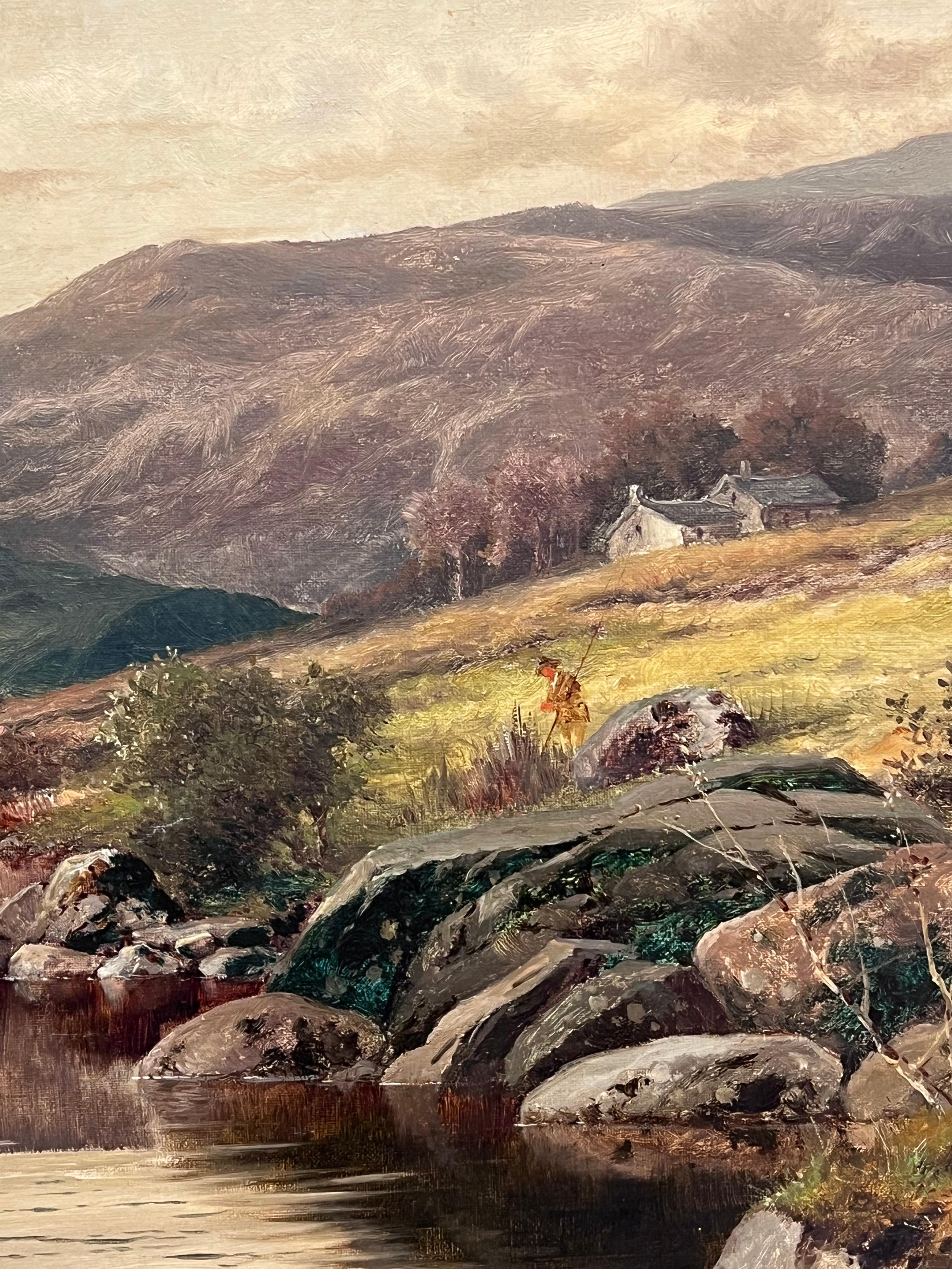 Fein 1890's British viktorianischen signiert Welsh Landschaft Ölgemälde Angler Fluss im Angebot 6