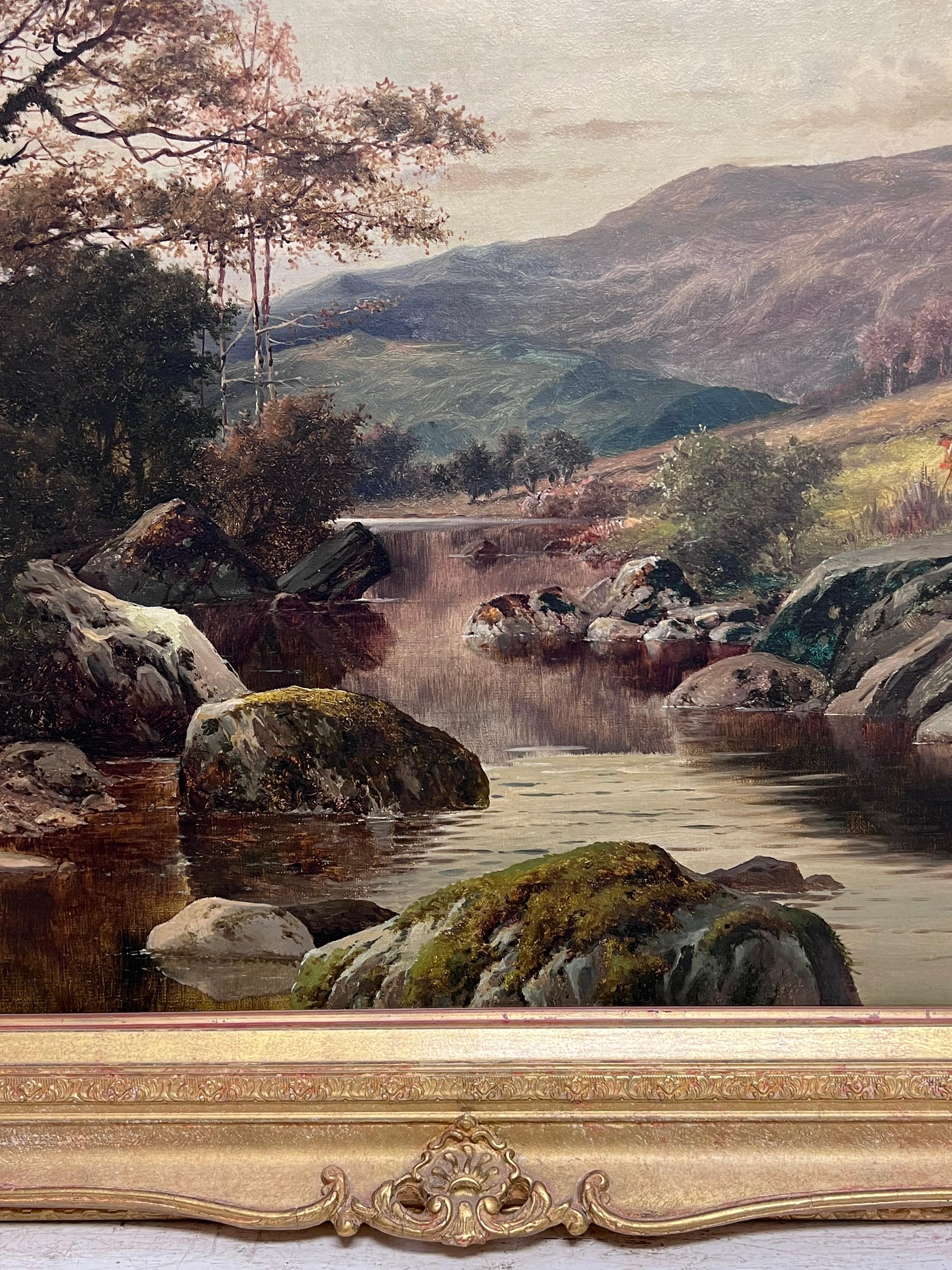Fein 1890's British viktorianischen signiert Welsh Landschaft Ölgemälde Angler Fluss im Angebot 7