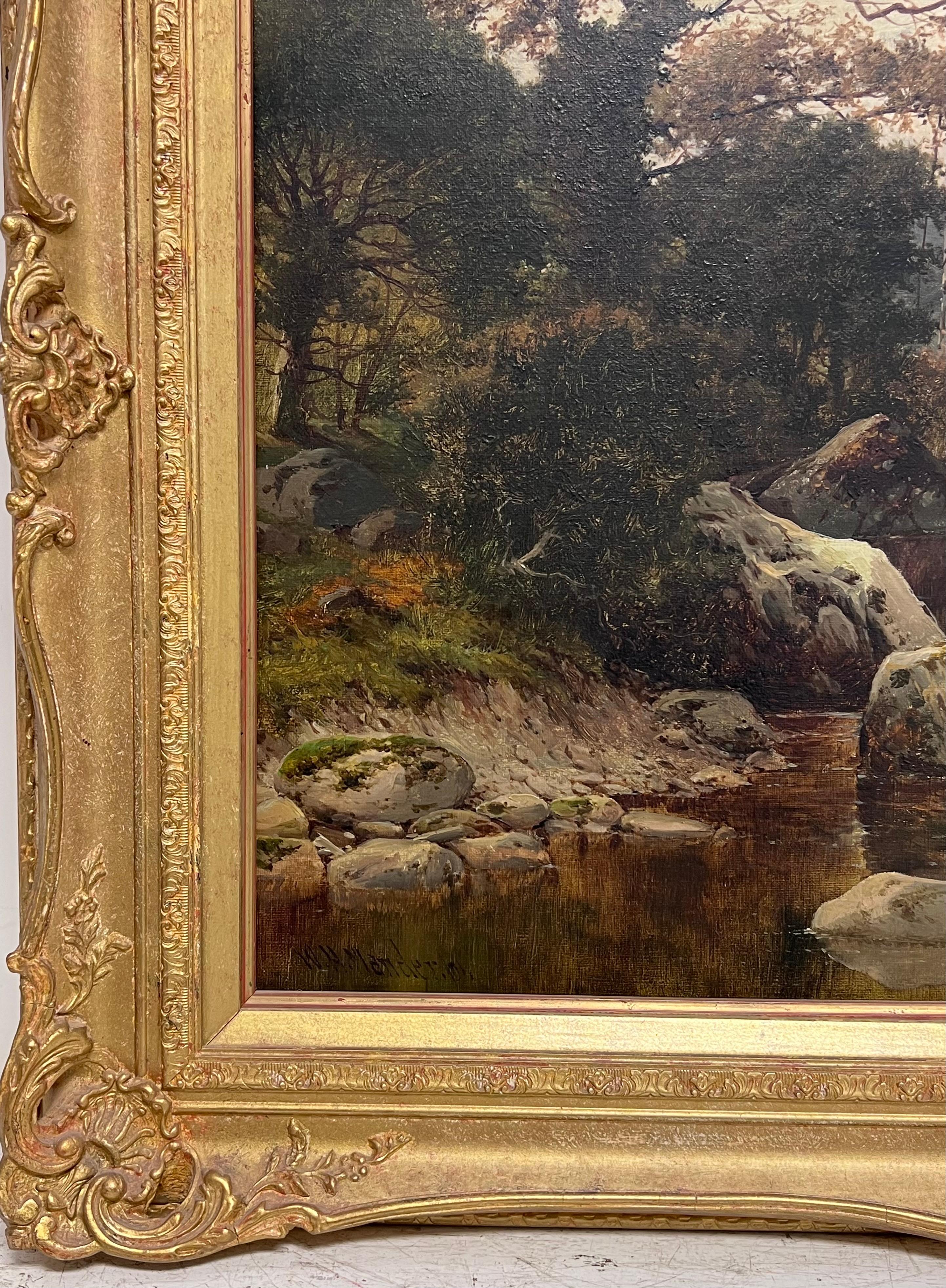Fein 1890's British viktorianischen signiert Welsh Landschaft Ölgemälde Angler Fluss im Angebot 8