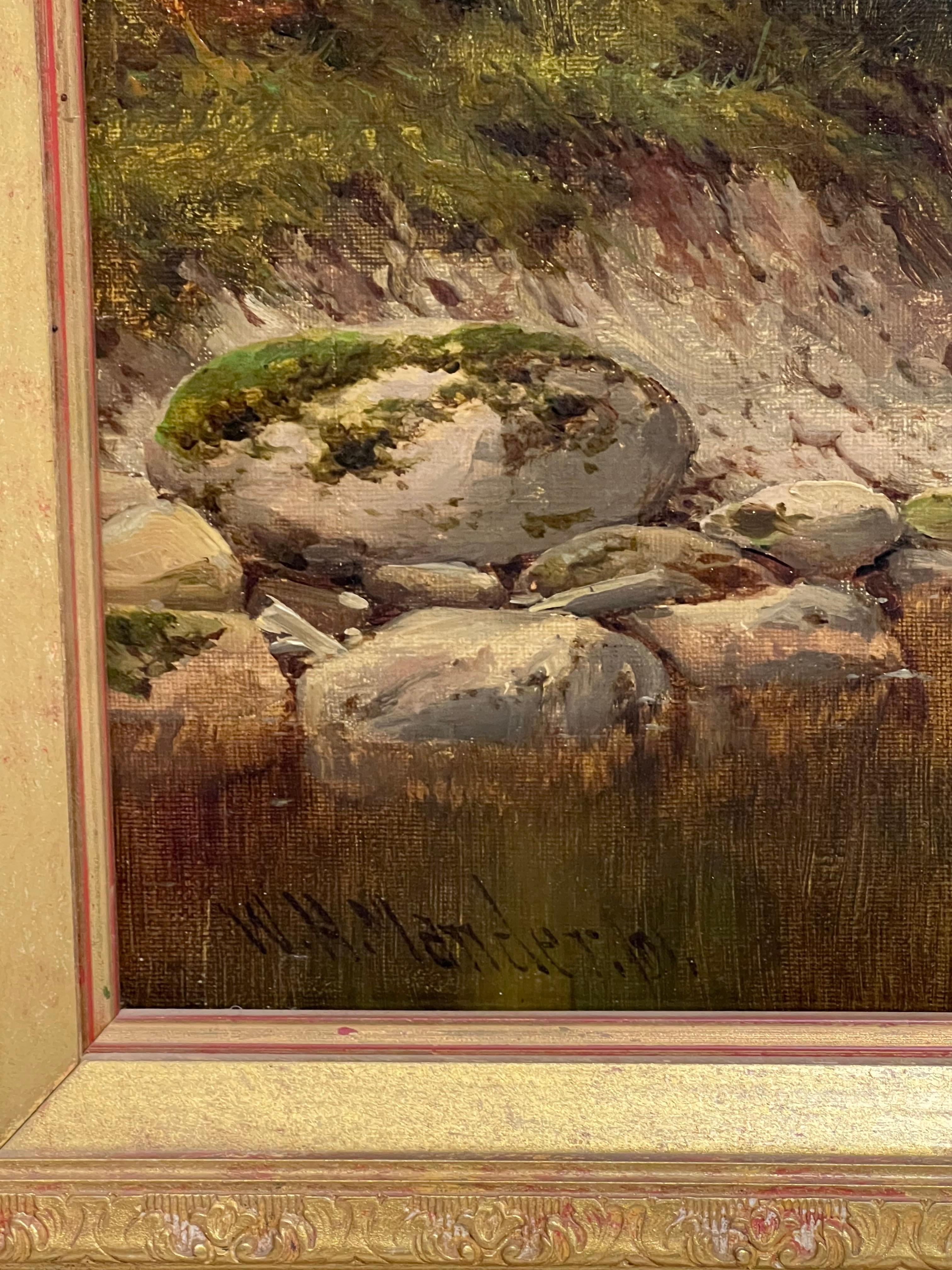 Fein 1890's British viktorianischen signiert Welsh Landschaft Ölgemälde Angler Fluss im Angebot 9