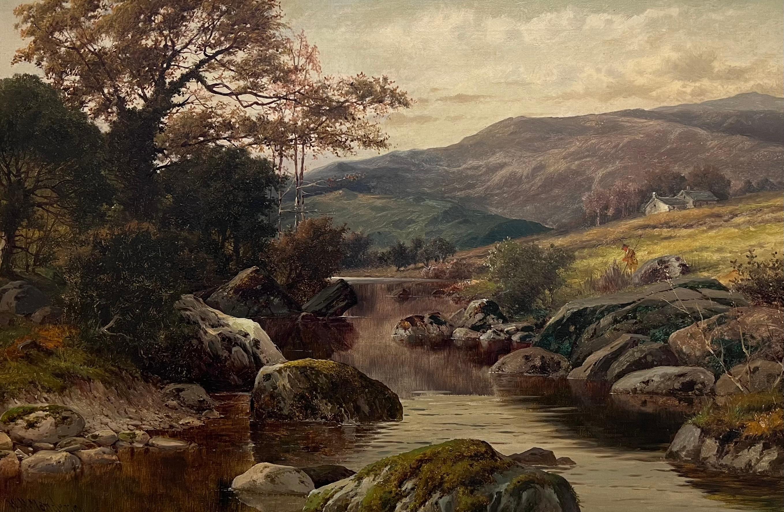 Fein 1890's British viktorianischen signiert Welsh Landschaft Ölgemälde Angler Fluss – Painting von William Henry Mander 